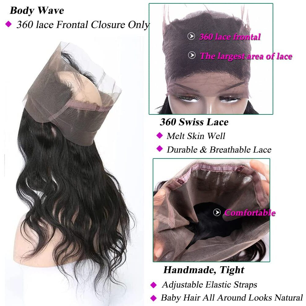 Gyajep 360 Lace Frontal 360 Hd Transparent Full Lace 12A Unprocessed Brazilian Remy Human Hair Body Wave Frontal Bleachable Knots 150% Density Natural Color 10 Inch