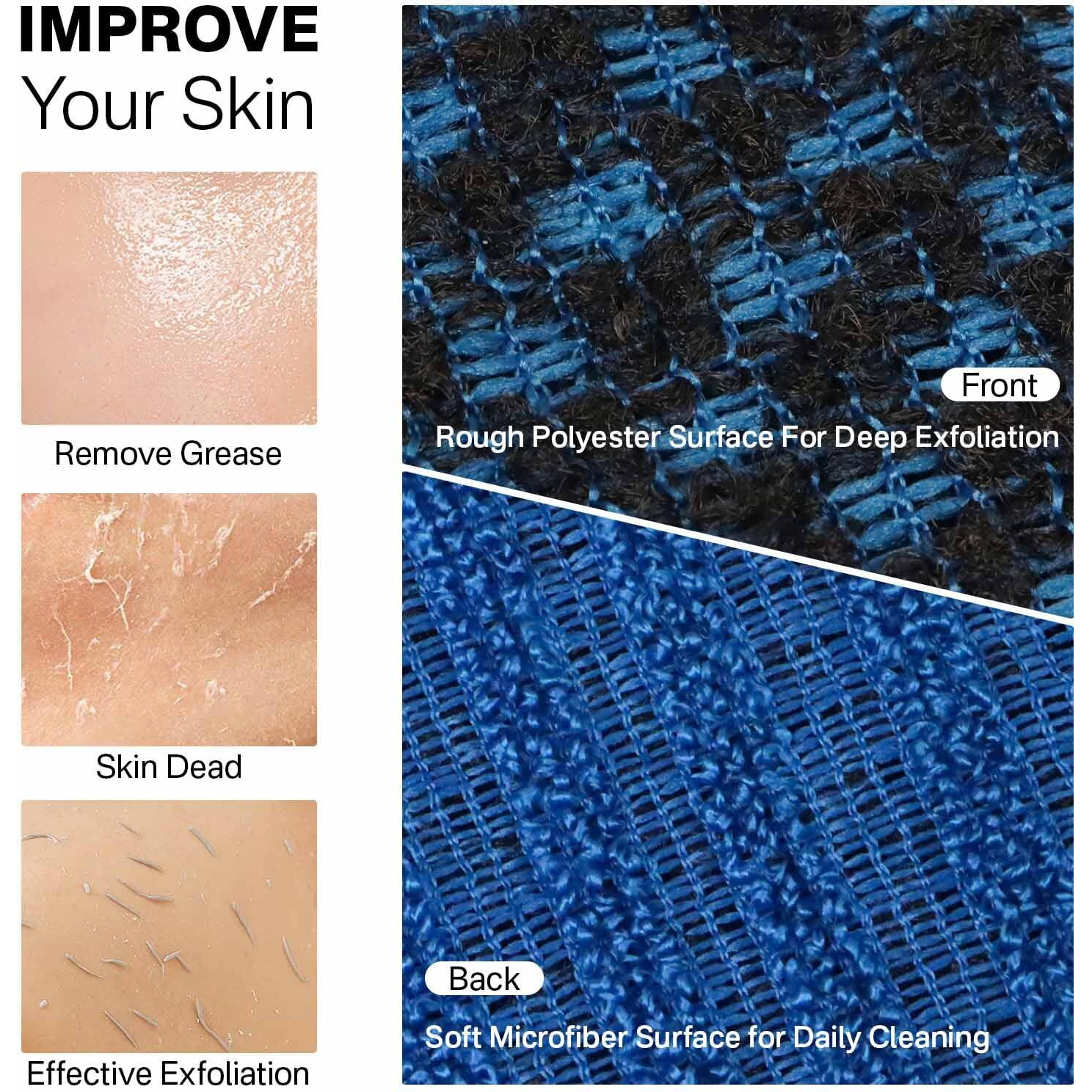 Yiclick Dual-Textured Exfoliating Washcloth Towel - Back Scrubber For Use In Shower Bath, Exfoliating Body Scrubber Exfoliator, Exfoliate Loofah Lufa Sponge Wash Cloth For Women Men (Blue)