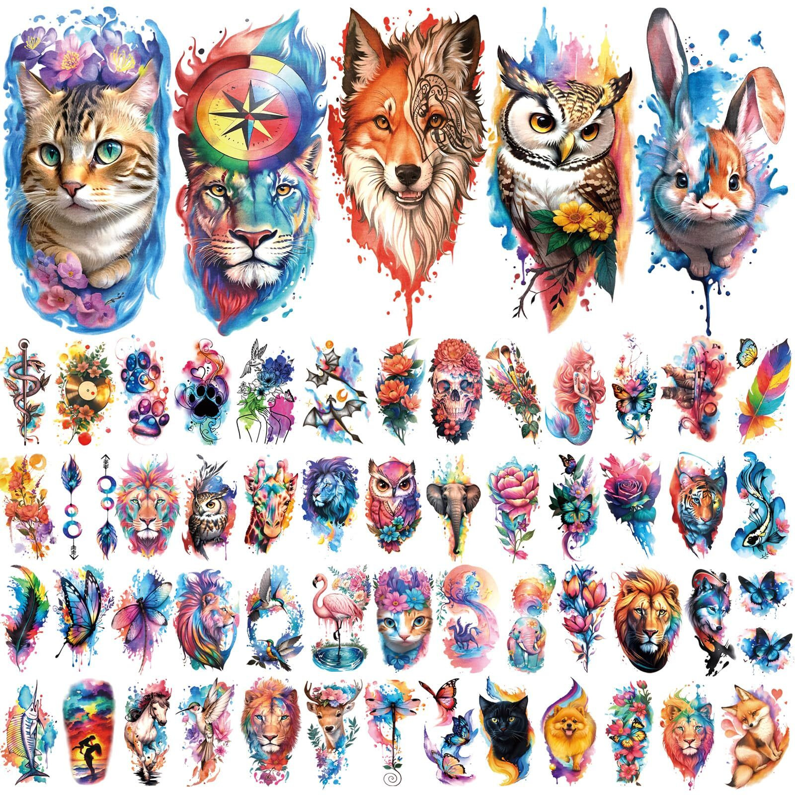 77 Sheets Flower Lion Tiger Temporary Tattoo For Women Men, 17 Sheets Half Arm Large Cat Owl Parrot Fake Tattoos, 60 Sheets Snake Wolf Feather Tiny For Adult Kids Body Tattoos Stickers Realistic