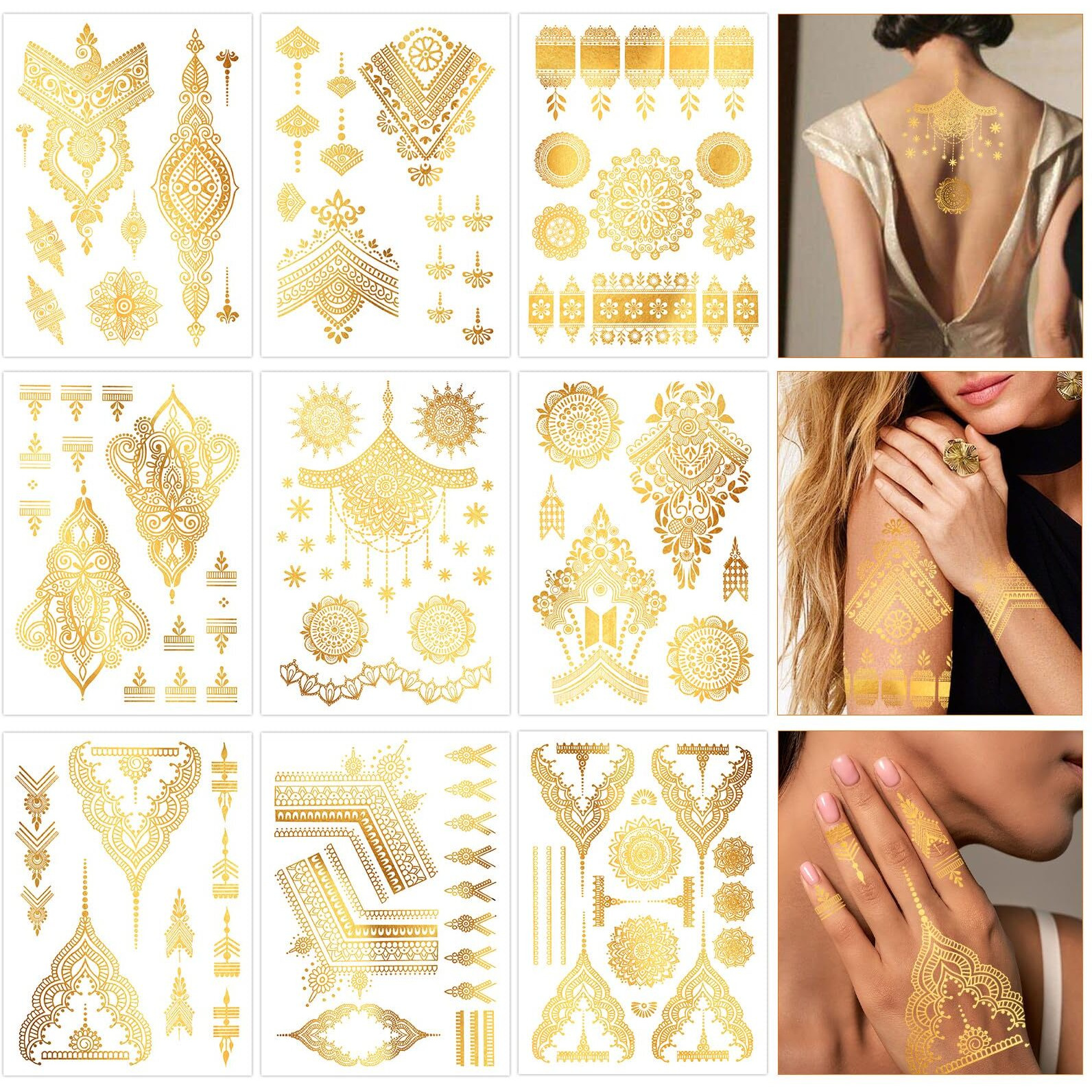 Konsait 9 Sheets Metallic Gold Temporary Tattoos For Women & Girls - Intricate Floral, Mandalas & Fine Designs For Parties, Cosplay, Festivals, Face & Body Art