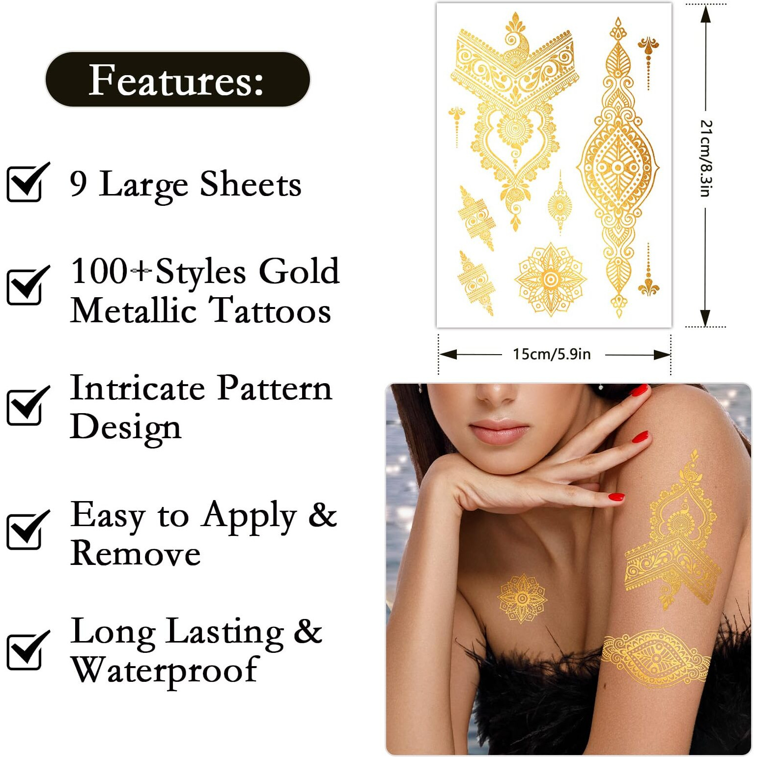 Konsait 9 Sheets Metallic Gold Temporary Tattoos For Women & Girls - Intricate Floral, Mandalas & Fine Designs For Parties, Cosplay, Festivals, Face & Body Art