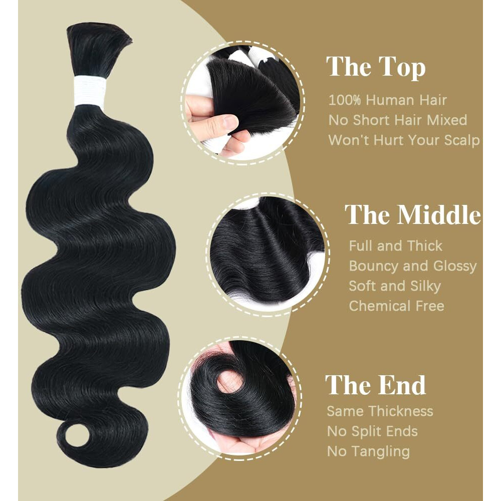 Body Wave Bulk Human Hair For Braiding No Weft Boho Braids Human Hair Brading Hair Extensions 100G One Bundle Wet And Wavy Human Braiding Hair For Boho Braids Natural Black(24Inch, Natural Black)
