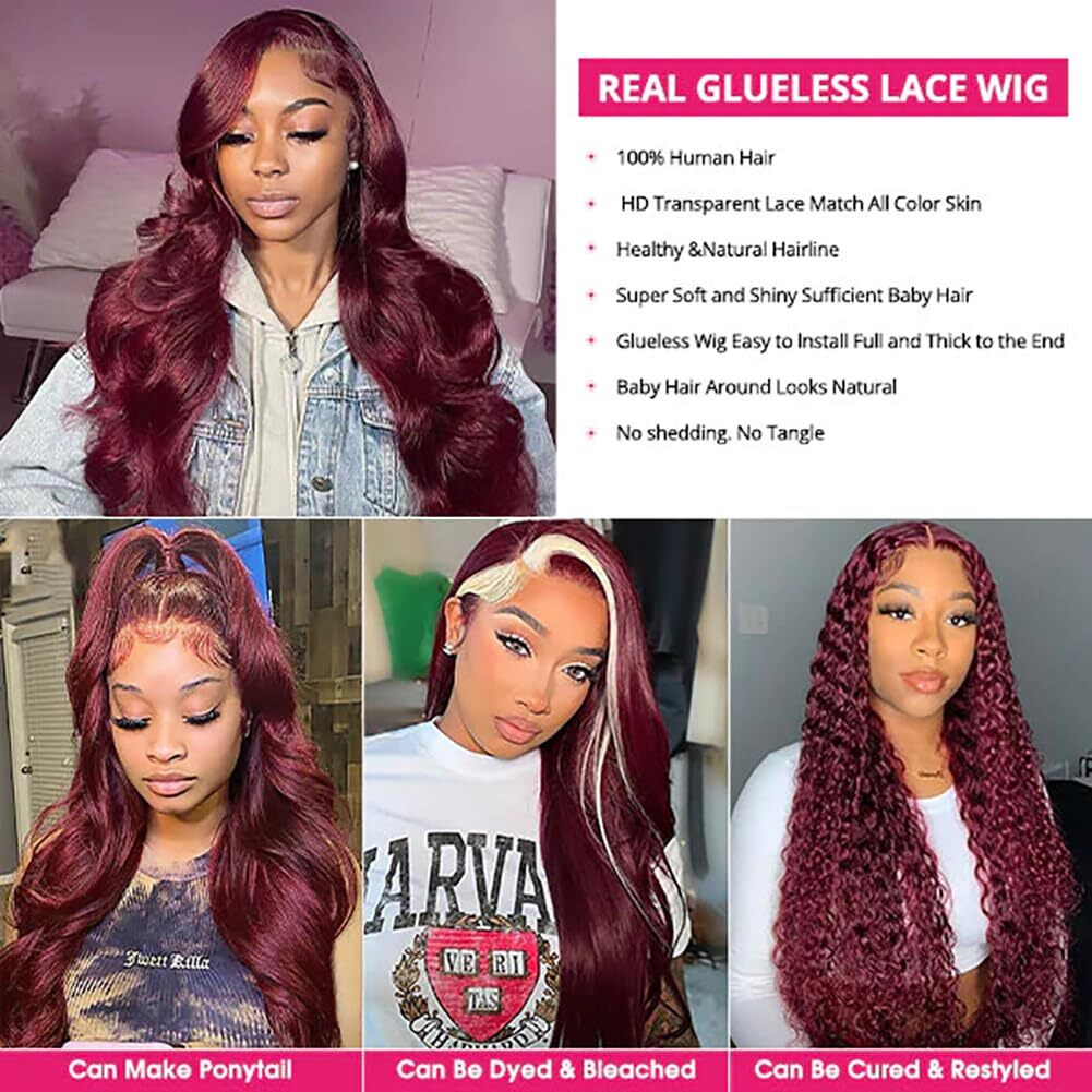 Jewhaut 99J Burgundy Lace Front Wigs Human Hair Glueless Wigs Human Hair Pre Plucked Pre Cut Body Wave Lace Front Wigs Human Hair 5  5 Closure Wigs Human Hair Wear And Go Glueless Wig 16 Inch