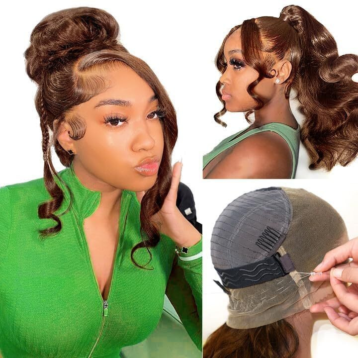 16 Inch Hidden Strap Drawstring Wig 360 Lace Front Wigs Human Hair Pre Plucked, 200 Density Chocolate Brown Lace Front Wig Body Wave Frontal 360 Full Lace Human Hair Wigs, Hd Lace Front Wigs Glueless