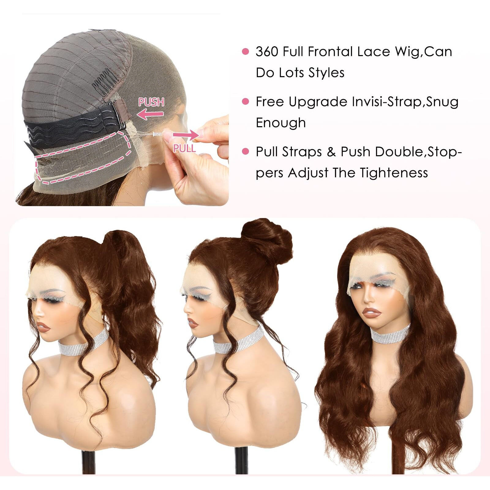 16 Inch Hidden Strap Drawstring Wig 360 Lace Front Wigs Human Hair Pre Plucked, 200 Density Chocolate Brown Lace Front Wig Body Wave Frontal 360 Full Lace Human Hair Wigs, Hd Lace Front Wigs Glueless