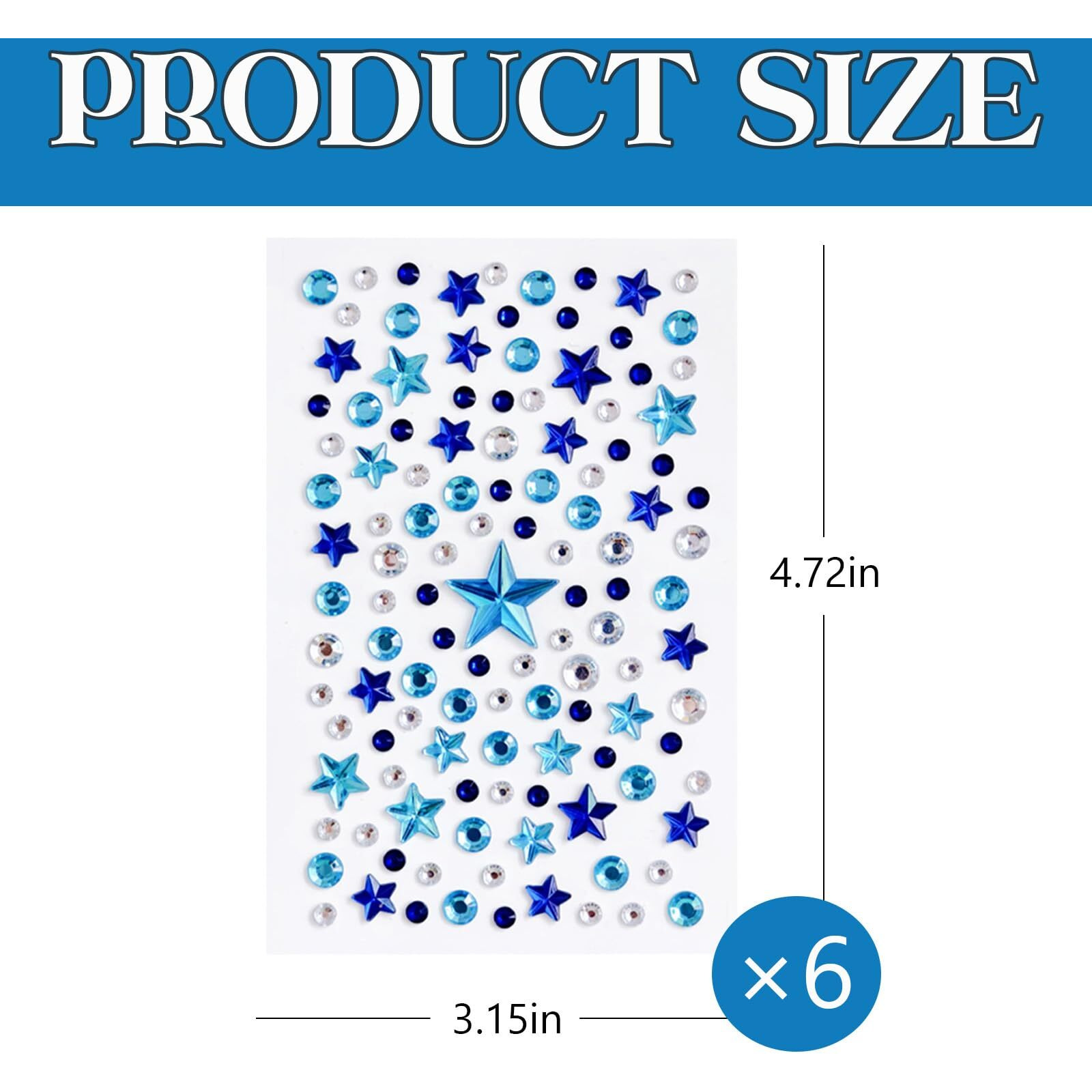 6 Sheets Blue Rhinestone Face Gems 4Th Of July Star Face Body Jewels Stickers Self-Adhesive Diamond Crystal Independence Day Party Costume Makeup