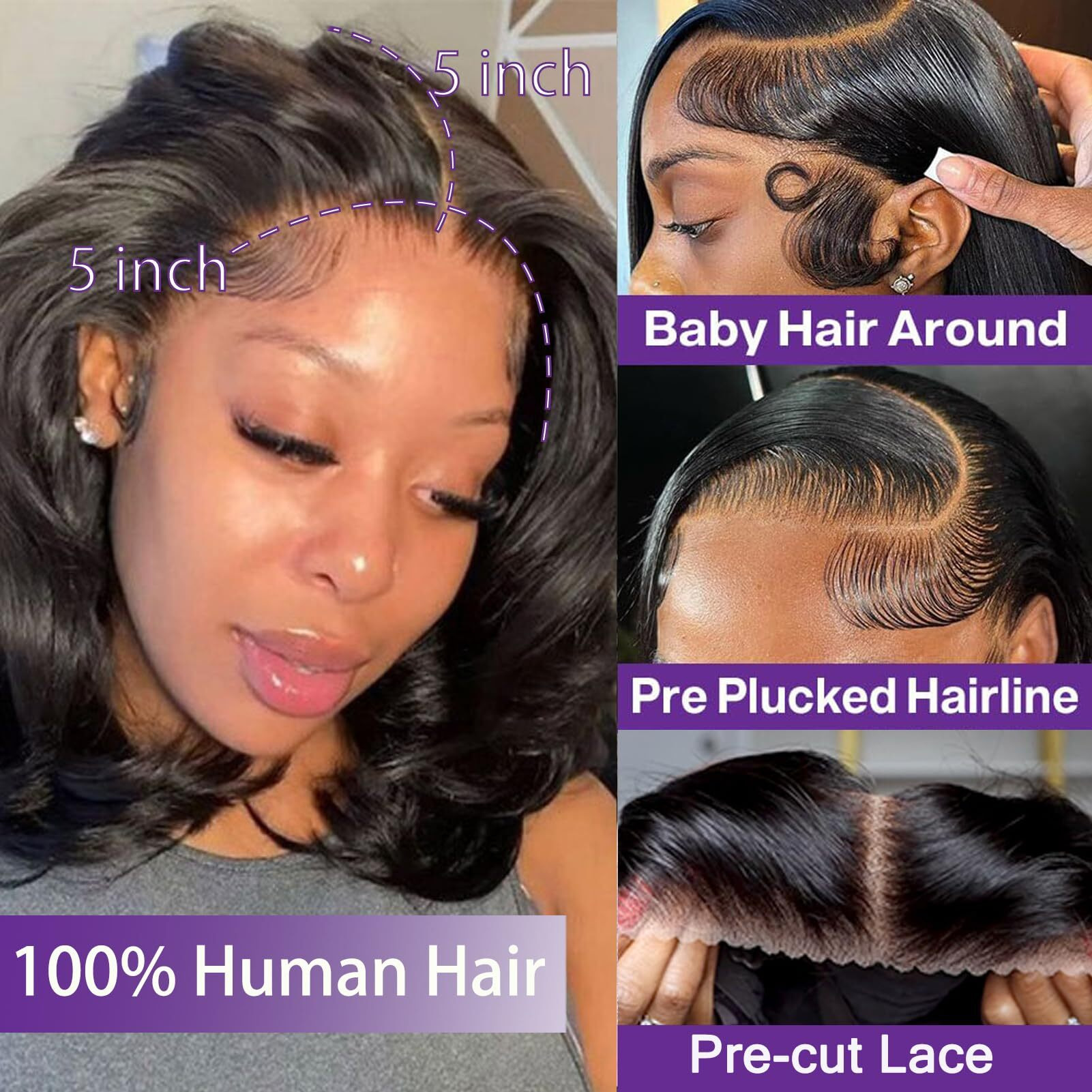 Bob Wig Human Hair Glueless Wigs Human Hair Pre Plucked Pre Cut Body Wave 5X5 Hd Transparent Closure Wigs 180% Density 100% Brazilian Virgin Hair Short Wigs For Black Women (8 Inch)