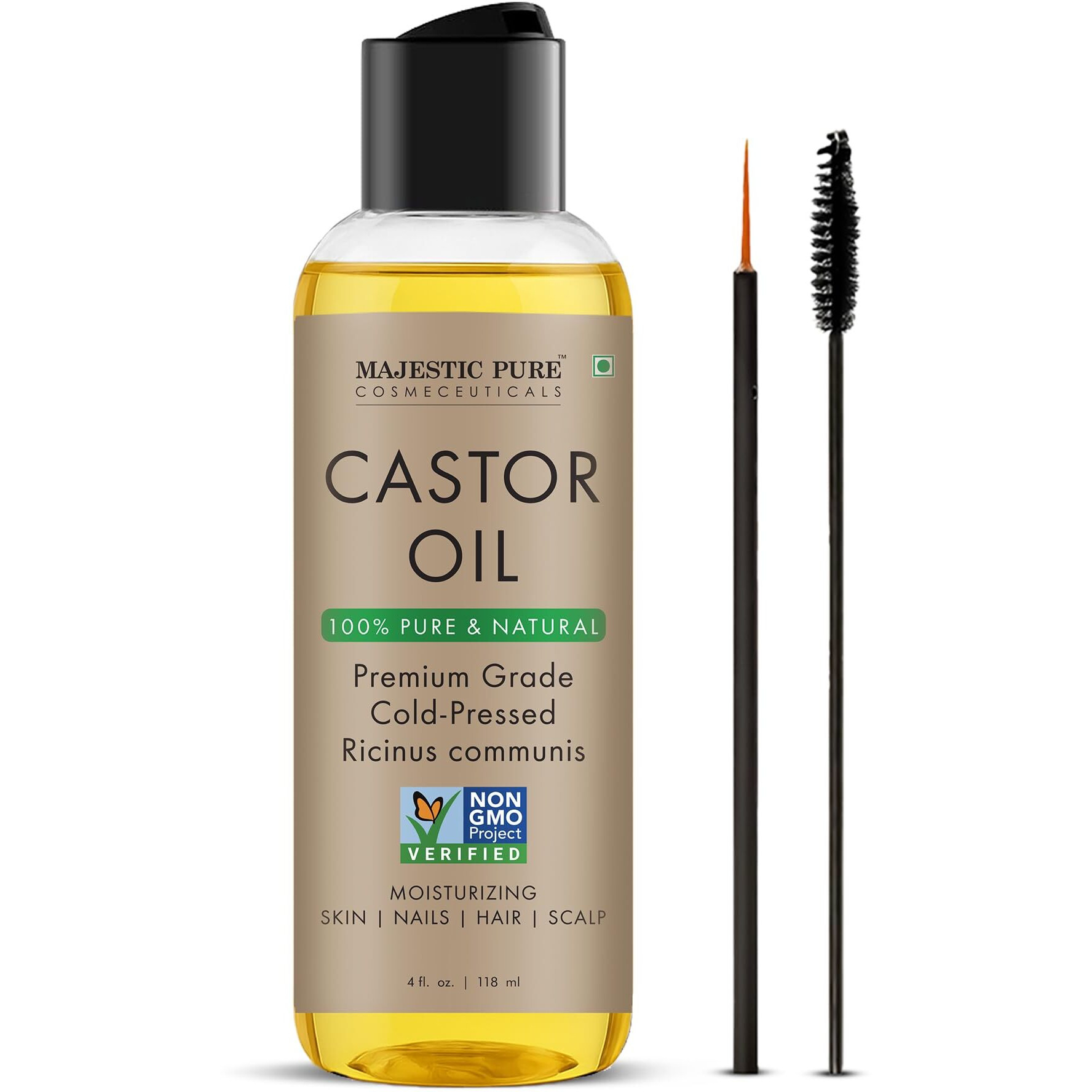 Majestic Pure Castor Oil | 100% Natural | Premium Grade Cold Pressed | Hair, Eyelashes, Eyebrows, Nails | Moisturizing & Nourishing | Body, Hair & Carrier Oil | 4 Fl Oz
