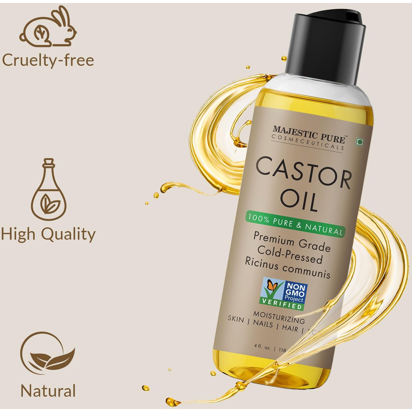 Majestic Pure Castor Oil | 100% Natural | Premium Grade Cold Pressed | Hair, Eyelashes, Eyebrows, Nails | Moisturizing & Nourishing | Body, Hair & Carrier Oil | 4 Fl Oz