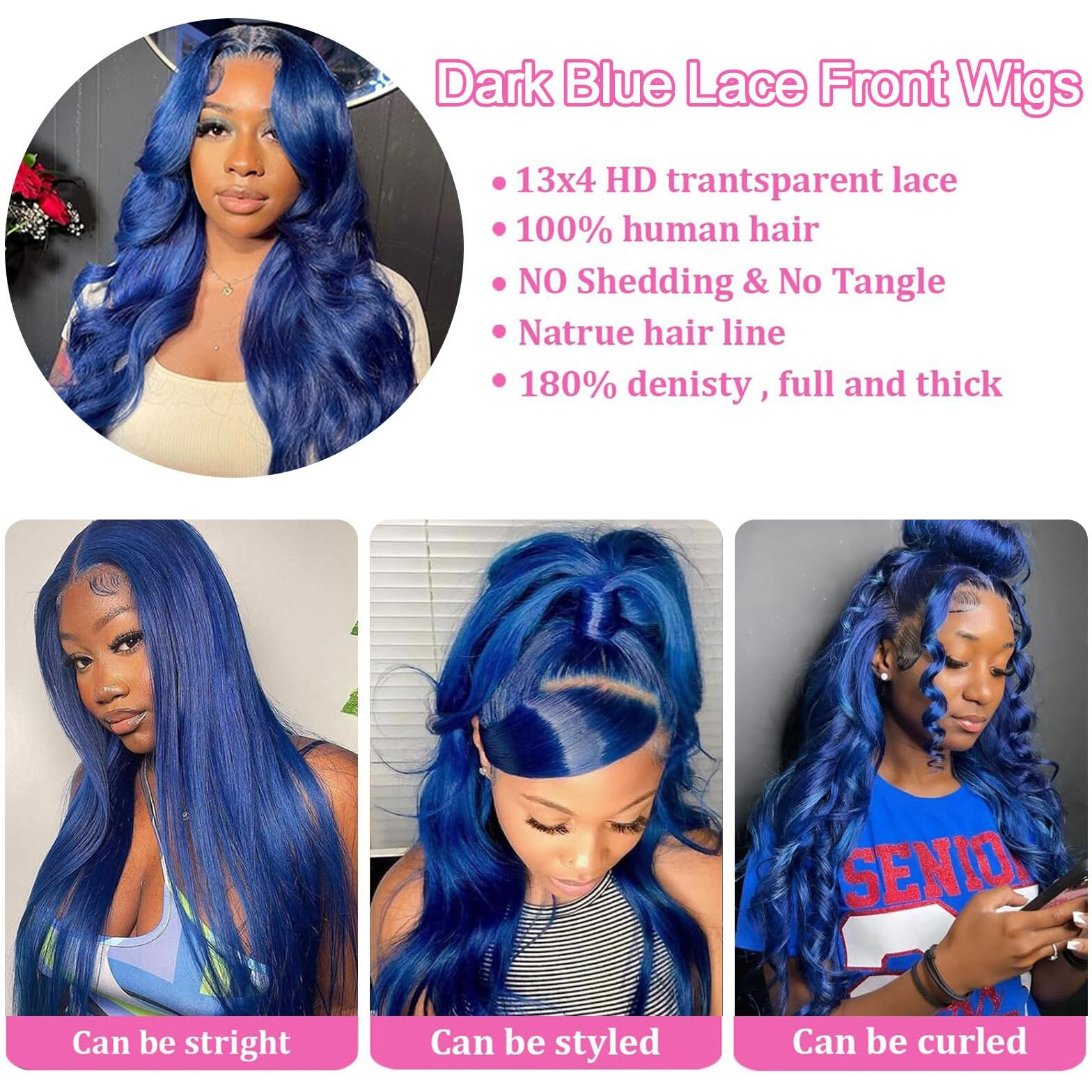 Dorashion 36 Inch Blue 13X4 Lace Front Wigs Human Hair Glueless Dark Blue Colored Body Wave Lace Front Wigs With Baby Hair Pre Plucked 180 Density Hd Transparent Lace Frontal Wigs For Women