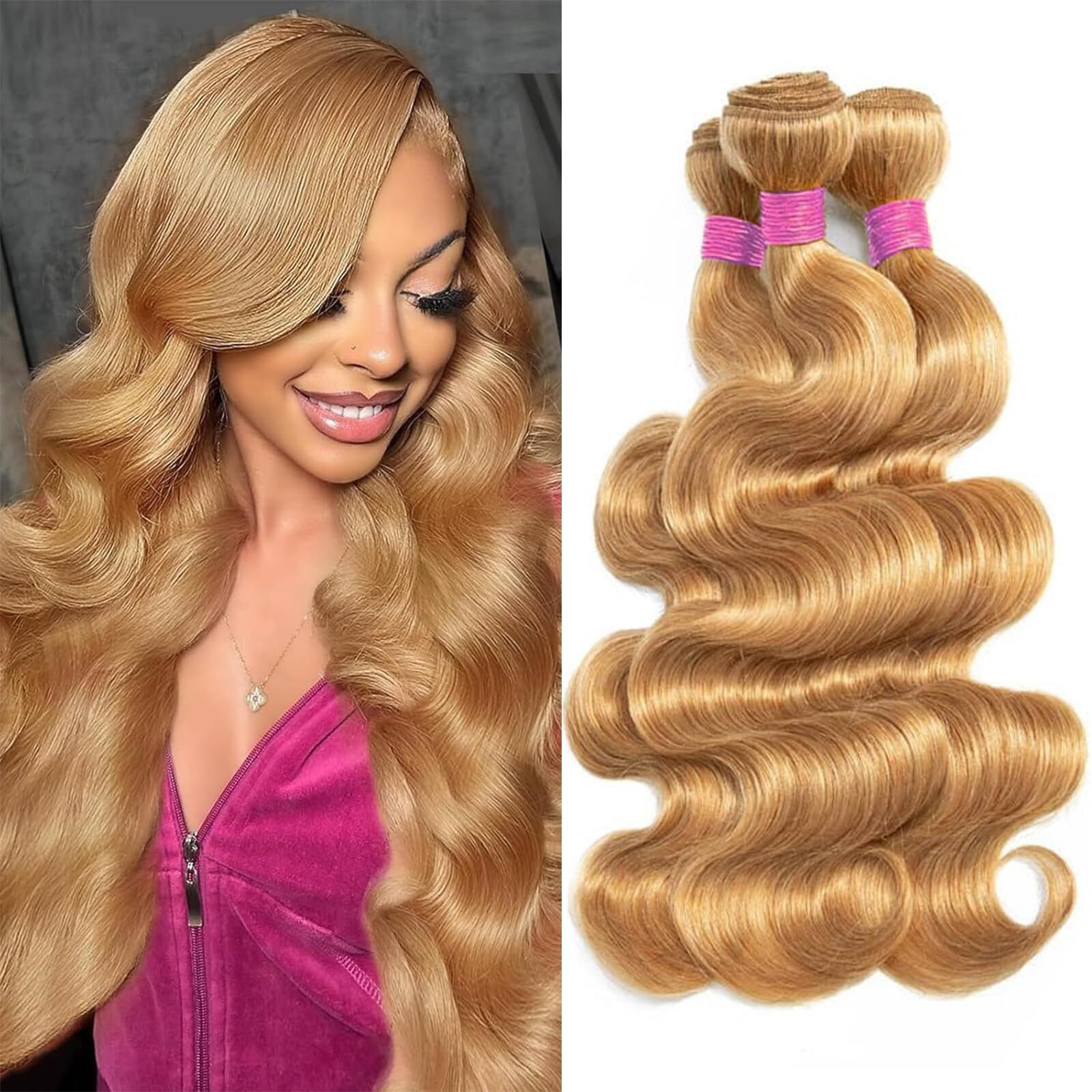 Vallbest Honey Blonde Bundles Human Hair 27 Body Wave Bundles 16 18 20 Inch 3 Bundles 100% Unprocessed Brazilian Virgin Hair 12A Virgin Raw Remy Weave Human Hair Extensions For Women