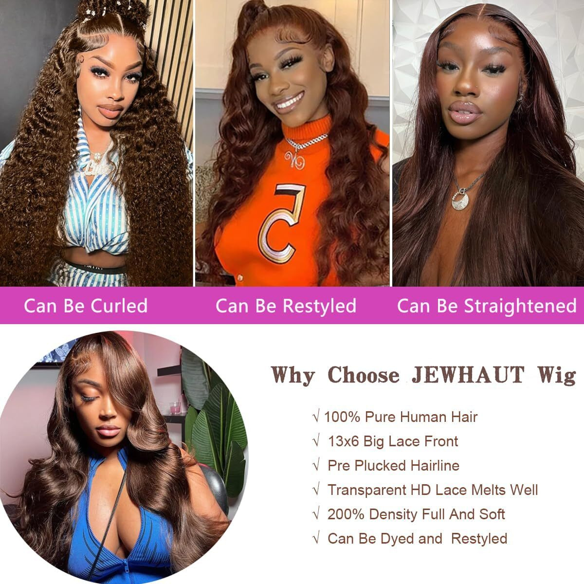 Jewhaut 13X6 Chocolate Brown Lace Front Wig Human Hair Hd Transparent Body Wave Lace Front Wigs Human Hair Pre Plucked 200 Density Glueless Frontal Brown Wig Human Hair 24 Inch