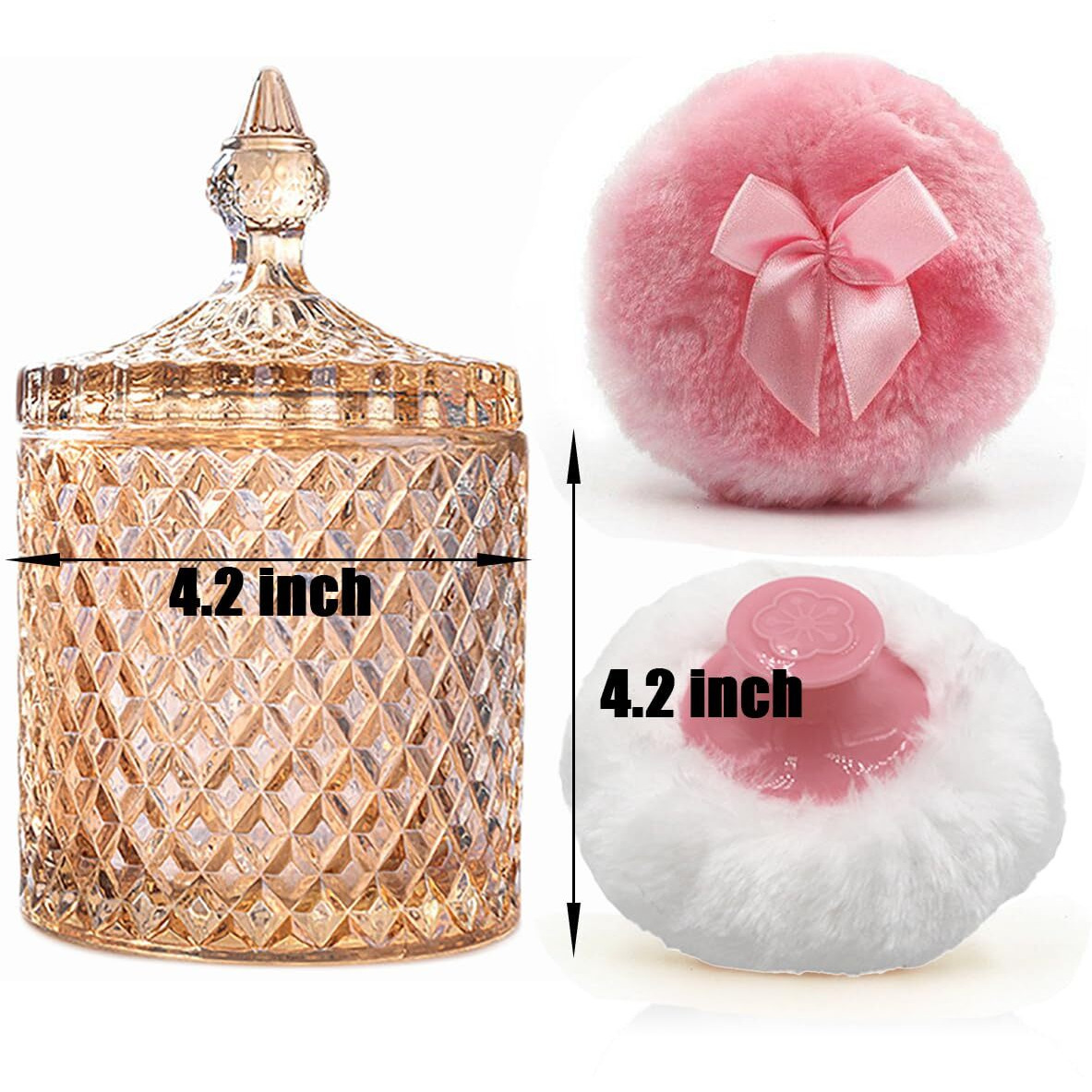 Luxury 4.2 Inch Glass Powder Container With 2 Plush Puffs|Non-Sealed Refillable Organizer For Body Powder&Makeup|Setting Powder Applicator W/Loose Powder Storage(Pointed Cylinder-Amber-Large)