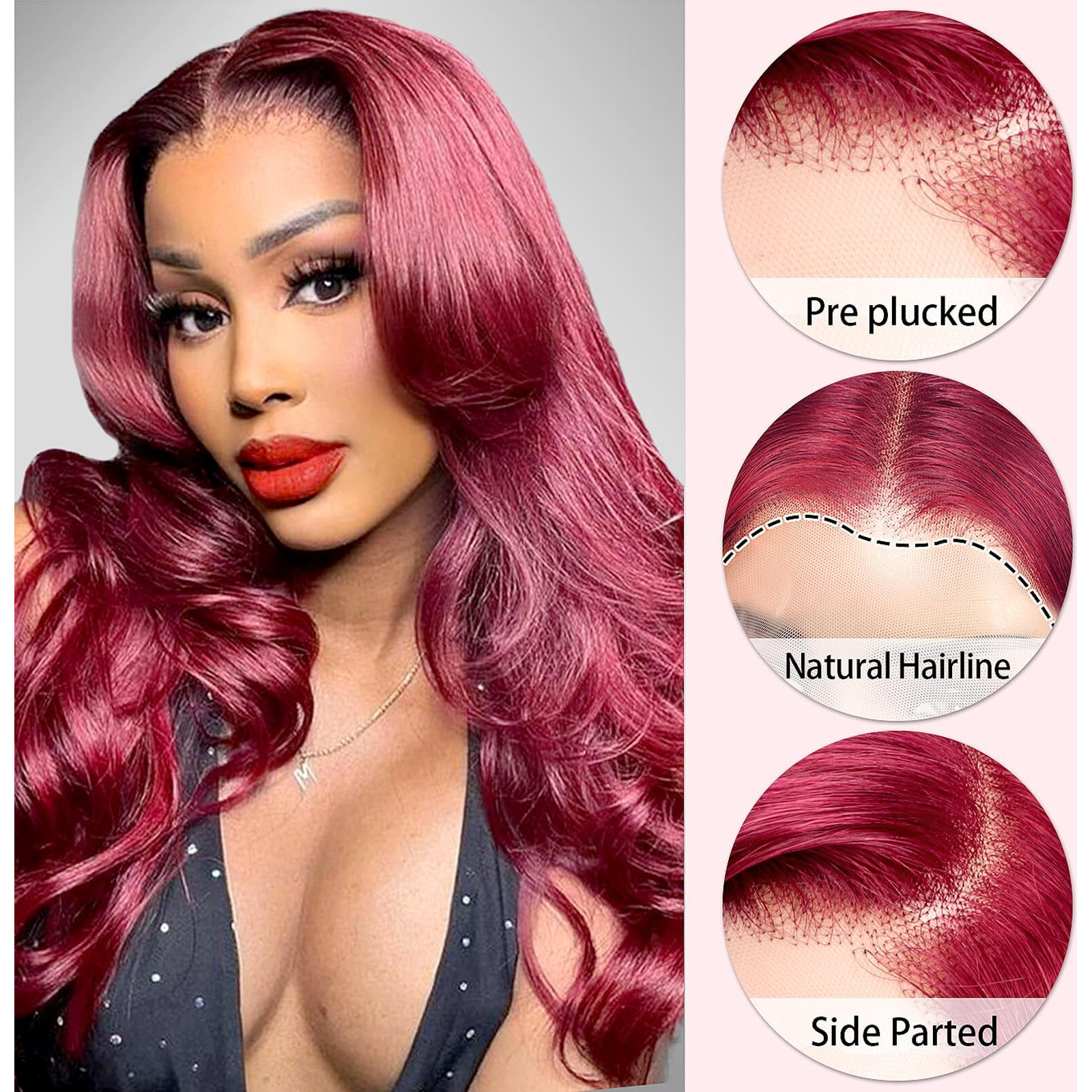 Wolfay 26 Inch 13X6 Burgundy Hd Lace Front Wigs Human Hair Body Wave 13X6 Transparent Frontal Wigs Pre Plucked Natural Hairline 180% Density Glueless Human Hair Wig For Women Daily Party 99J