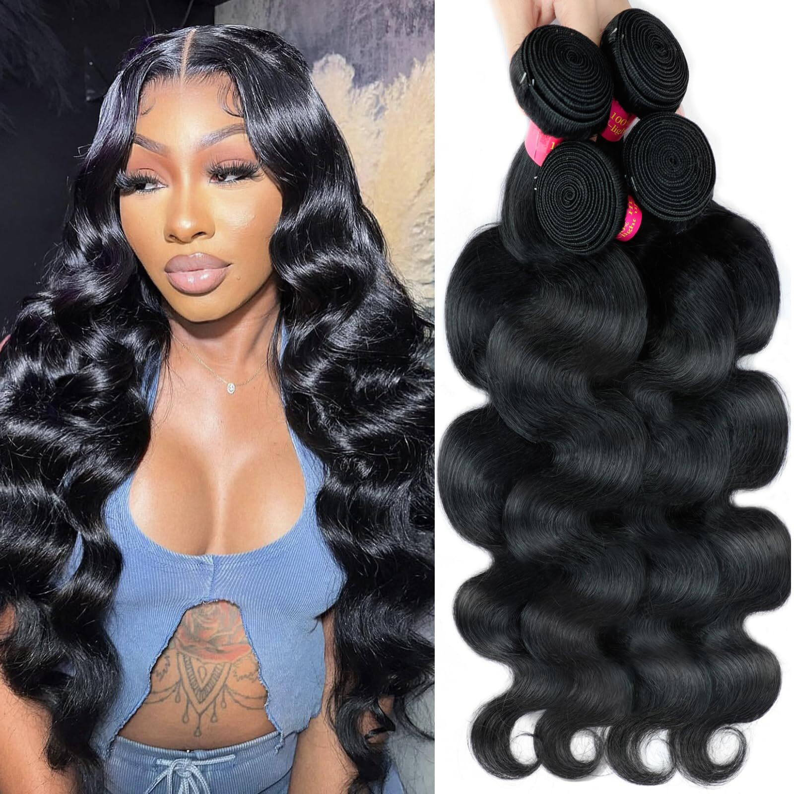 4 Bundles Human Hair Body Wave 12A Human Hair Bundles 20 22 24 26 Inch Real 100% Raw Unprocessed Brazilian Virgin Sew In Quick Weave Natural Black Deals Thick Hair Extensions