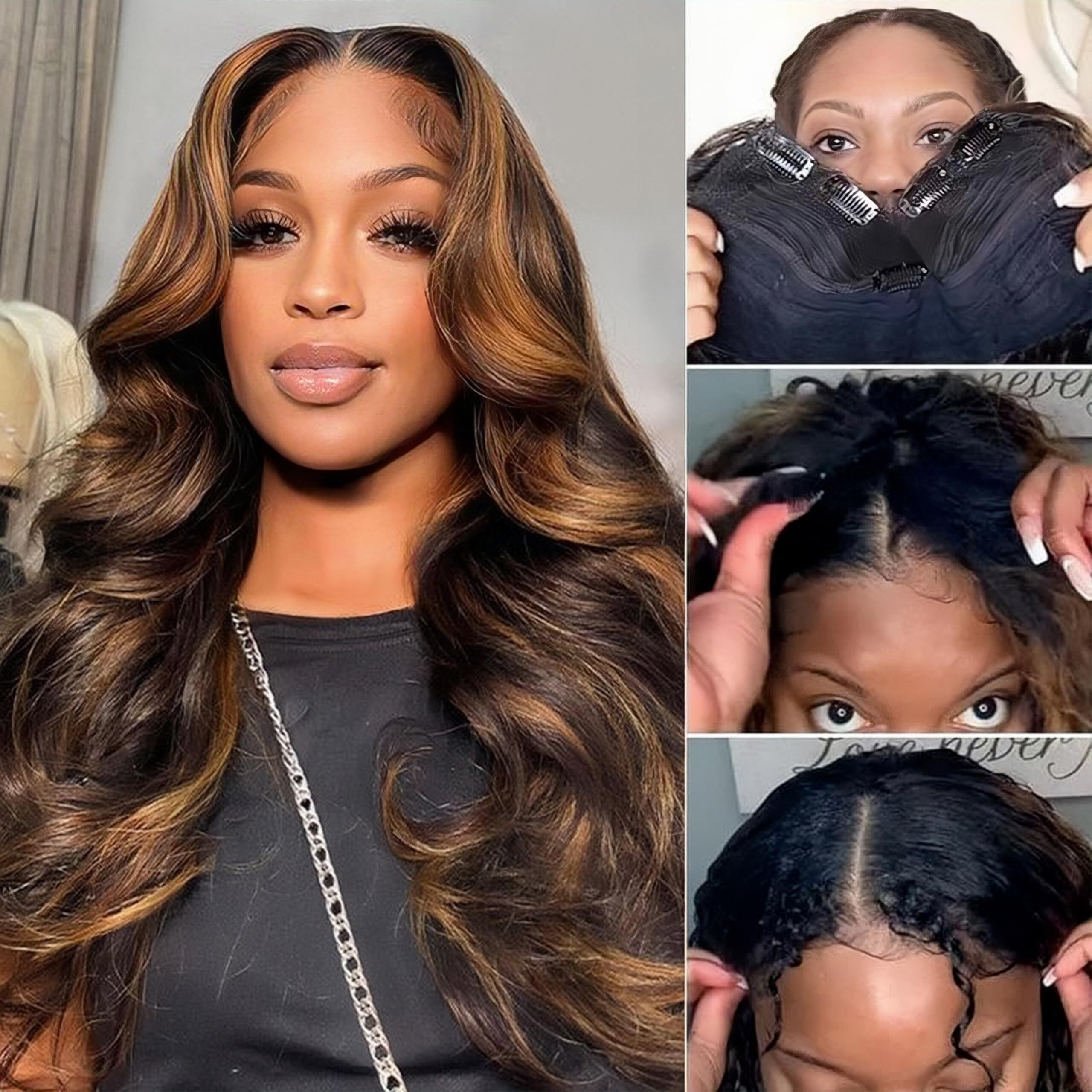 Beautkol U Part Human Hair Wig Body Wave Highlight 1B/30 Ombre Brown Wig 180% Density U Part Wig Half Brazilian Virgin 100% Human Hair Wigs For Black Women Clip In Glueless No Leave Out Wig 18Inch