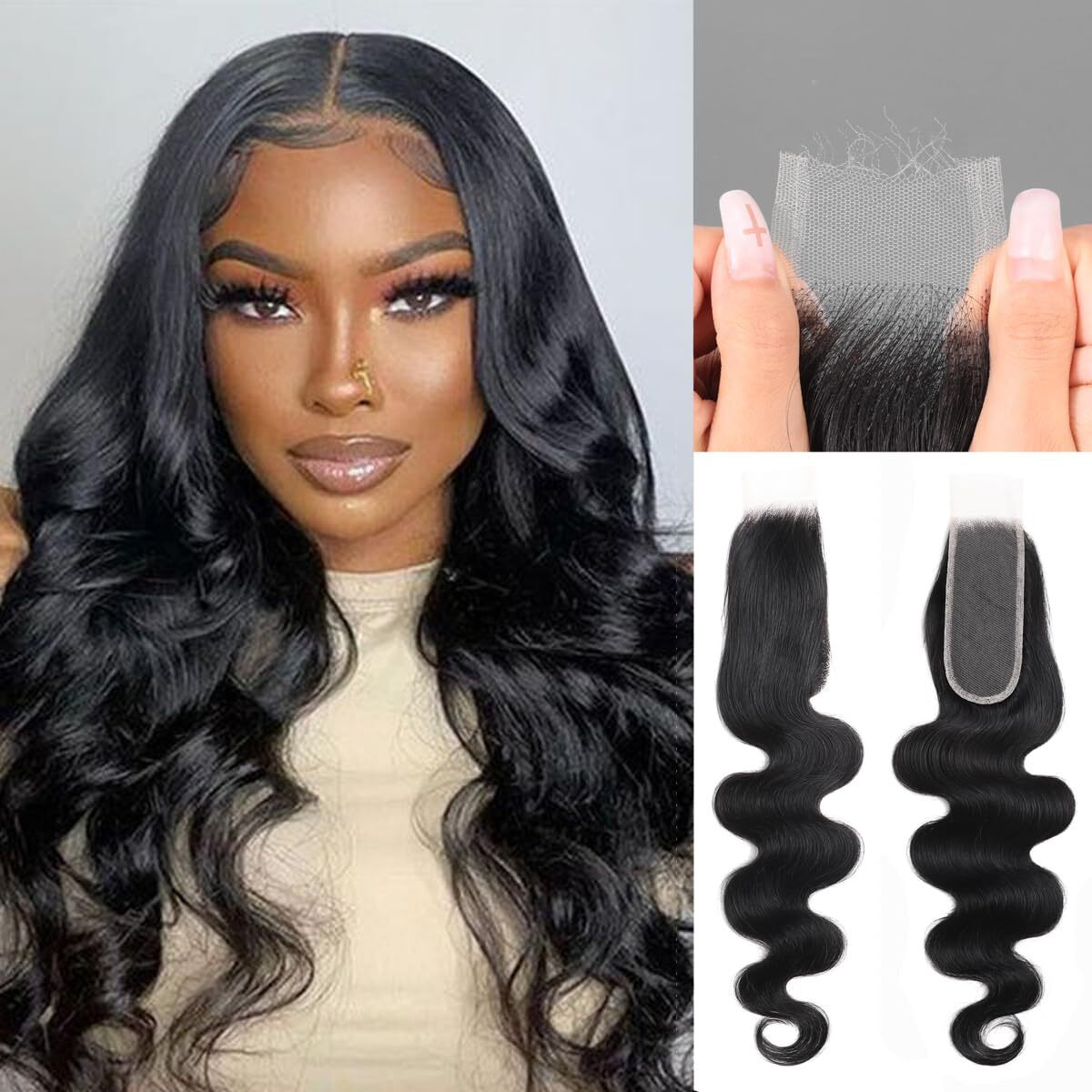 2X6 Skinlike Real Hd Lace Closure Body Wave Human Hair Closure Invisible Ultra-Thin 2X6 Kim K Lace Closure Brazilian Virgin Human Hair Pre Plucked Natural Black 18 Inch