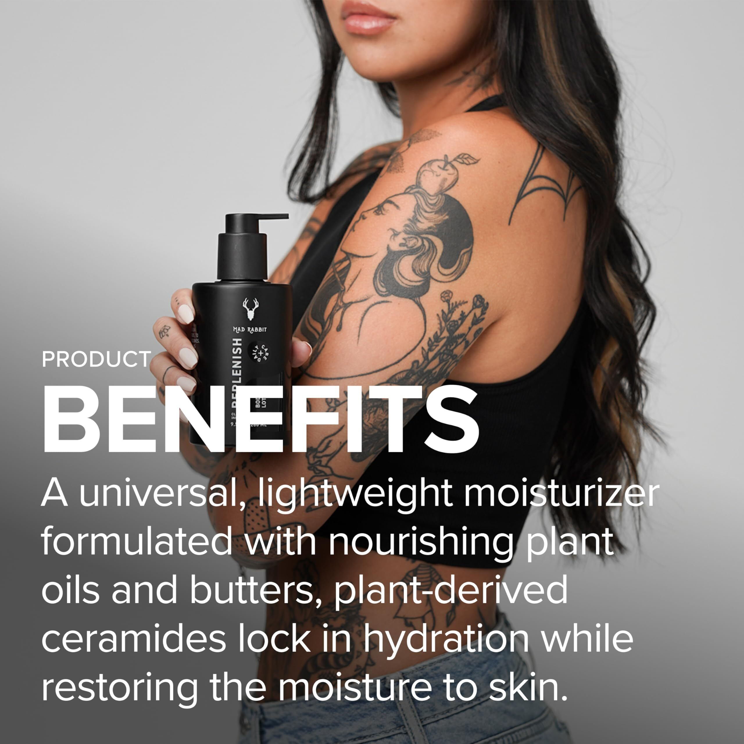 Mad Rabbit Replenish Tattoo Body Lotion - Fragrance-Free Lotion, Non-Greasy & Silicone-Free, Clean Ingredients, Lightweight For Daily Use (9.5 Ounce)