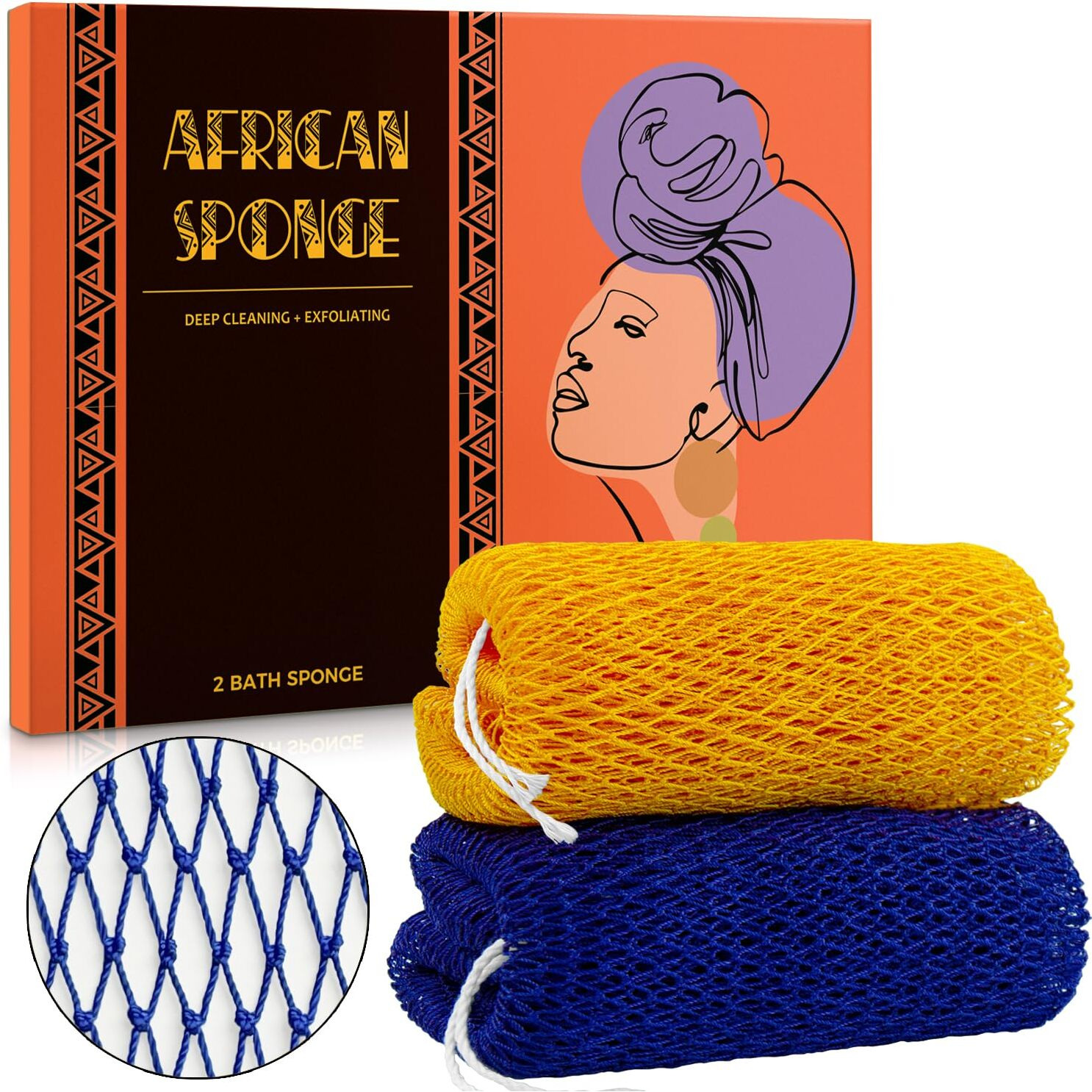 African Net Sponge Authentic - 2 Pieces Afro Scrub Exfoliating Net With Knots Navy Blue&Yellow - Real African Bath Sponges For Body Scrubber Exfoliator - Body Wash Cloth For Show Back Scrubber