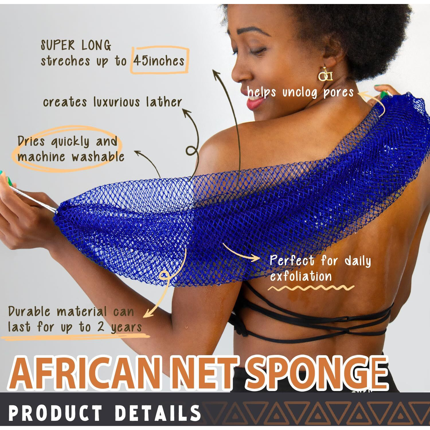 African Net Sponge Authentic - 2 Pieces Afro Scrub Exfoliating Net With Knots Navy Blue&Yellow - Real African Bath Sponges For Body Scrubber Exfoliator - Body Wash Cloth For Show Back Scrubber