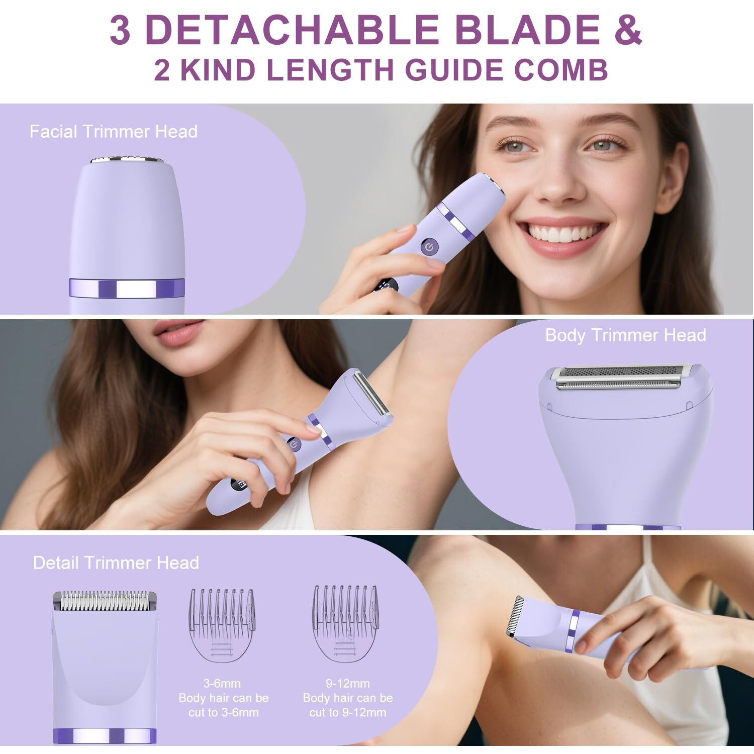 Zivelier 3-In-1 Electric Razor Ipx7 Waterproof Bikini Trimmer Wet & Dry Use Painless Personal Trimmer Groomer For Ladies Face Body Legs Bikini Public Hairs Electric Lady Shaver With Replaceable Heads