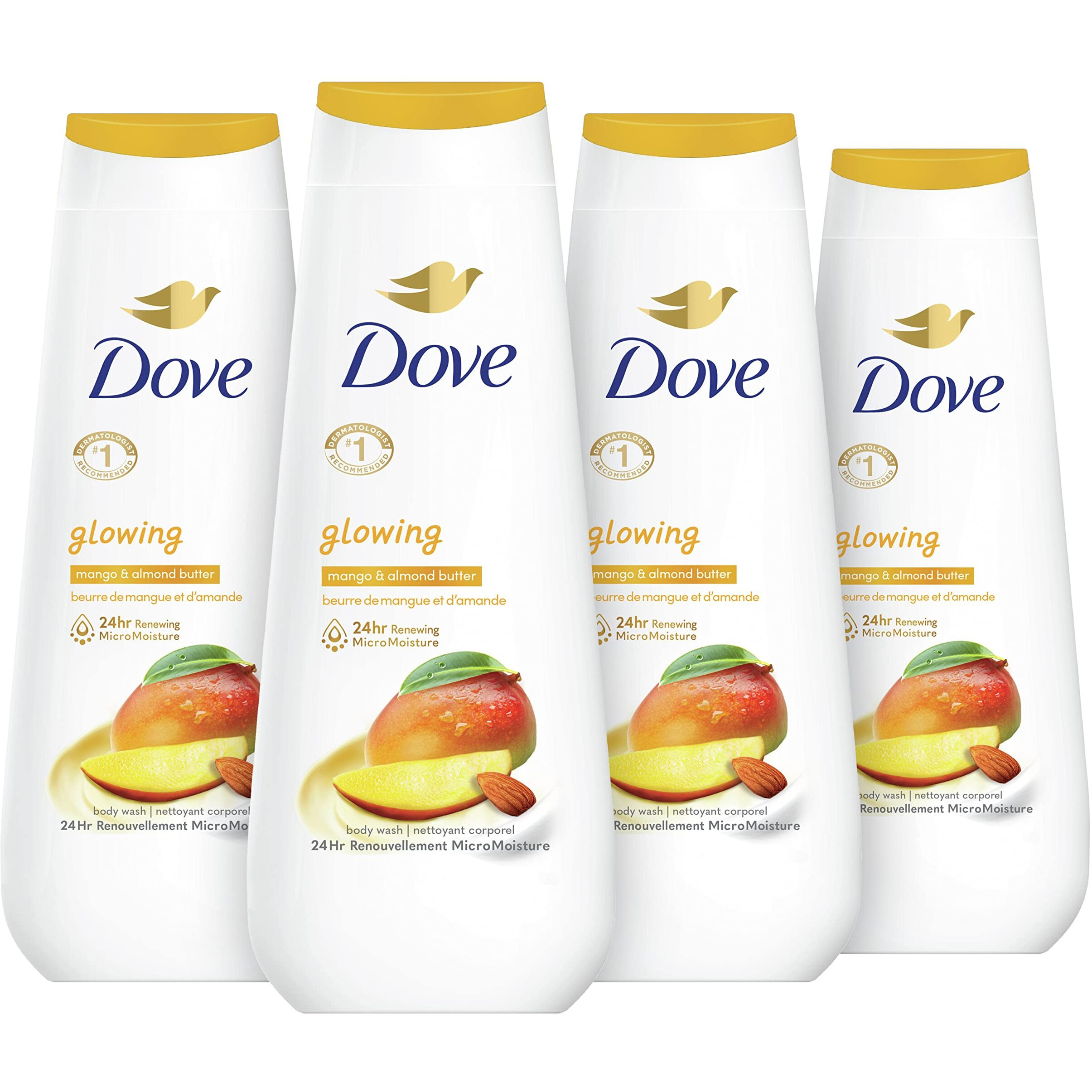 Dove Body Wash Glowing Mango & Almond Butter 4 Count For Renewed, Healthy-Looking Skin Gentle Skin Cleanser With 24Hr Renewing Micromoisture 20 Oz