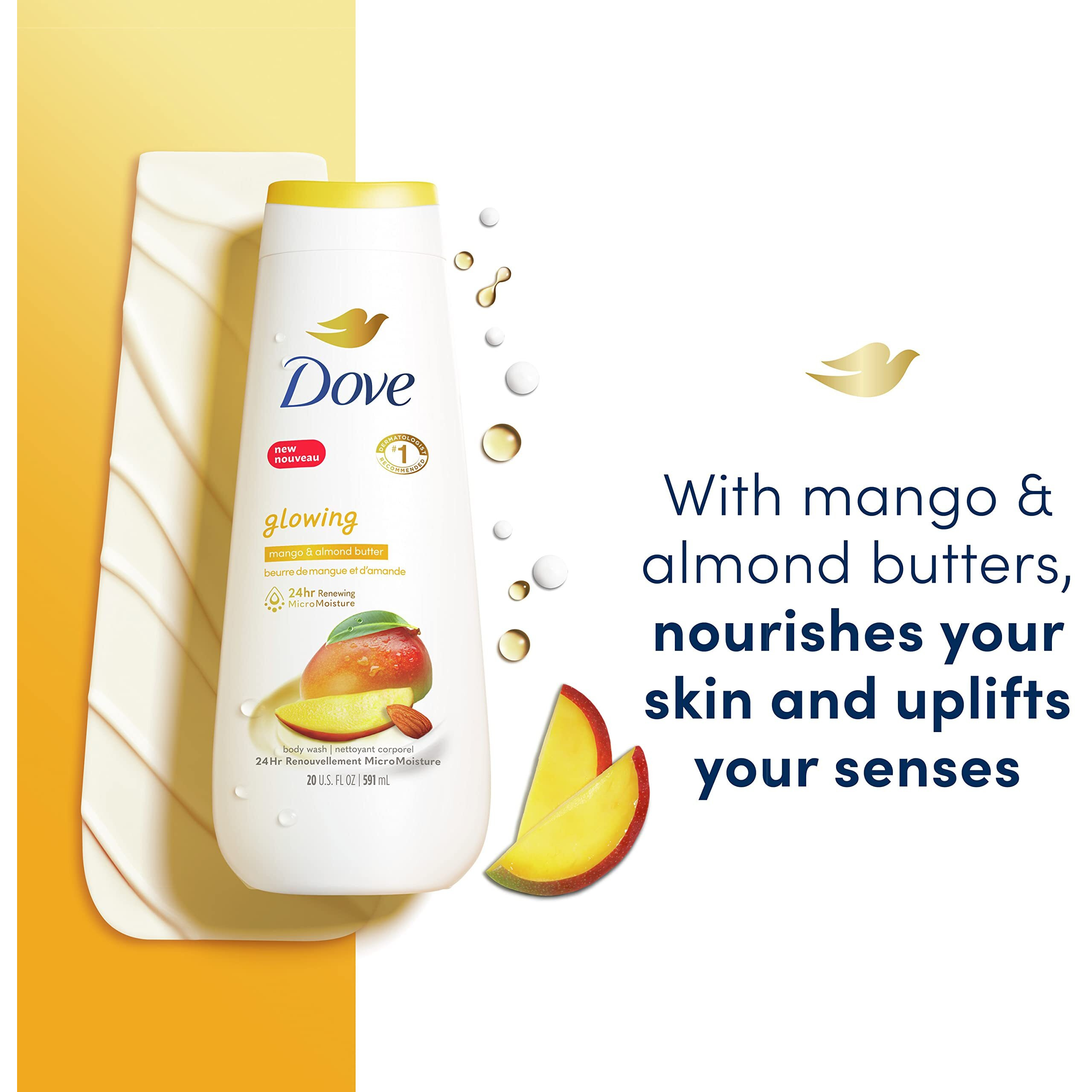 Dove Body Wash Glowing Mango & Almond Butter 4 Count For Renewed, Healthy-Looking Skin Gentle Skin Cleanser With 24Hr Renewing Micromoisture 20 Oz