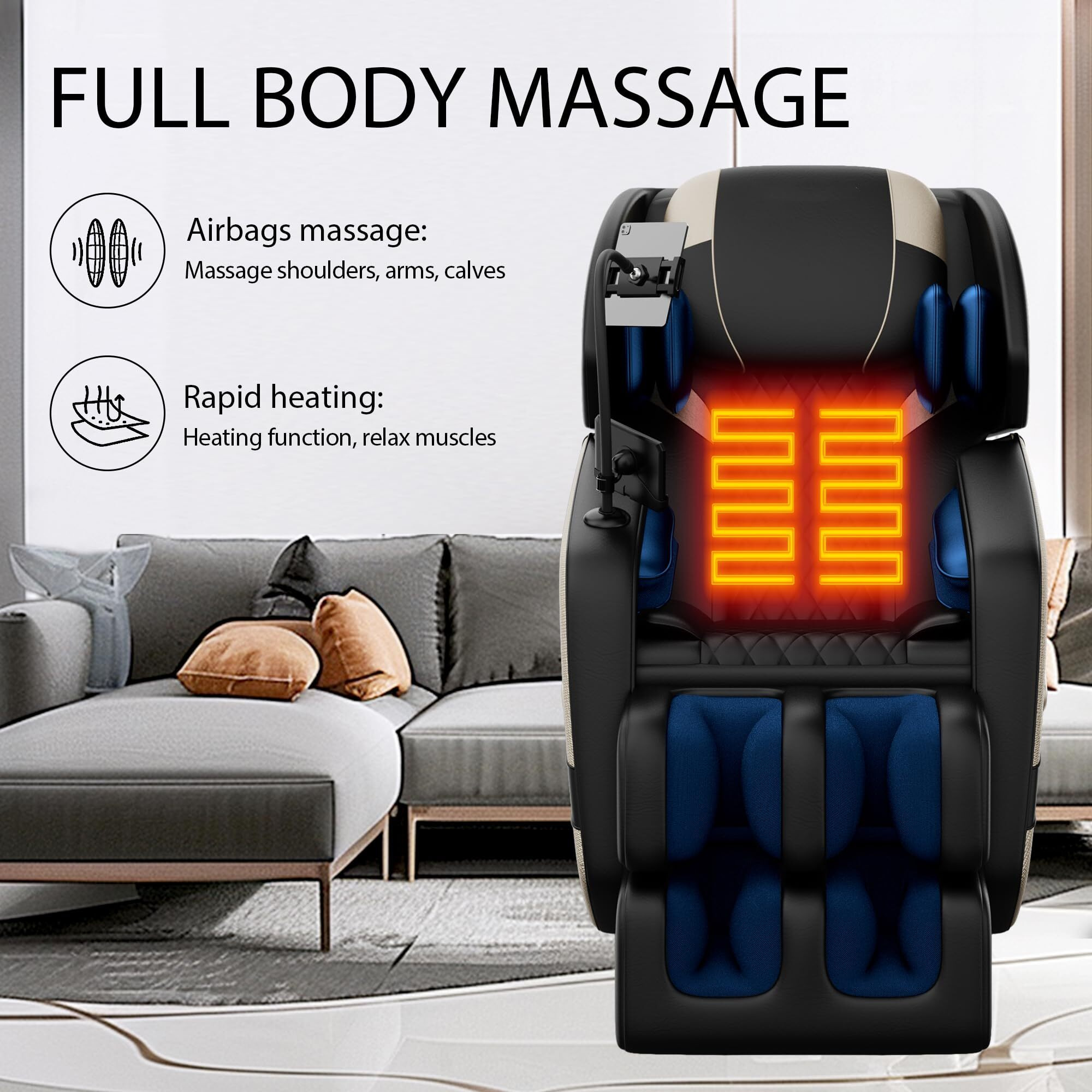 Massage Chair Full Body, Zero Gravity Massage Chair With Auto Modes, Airbag Massage, 6 Fix Point Rollers, Foot Massage, Heating, Touch Screen Controller, Home Relaxation Recliner With Massage,Gold