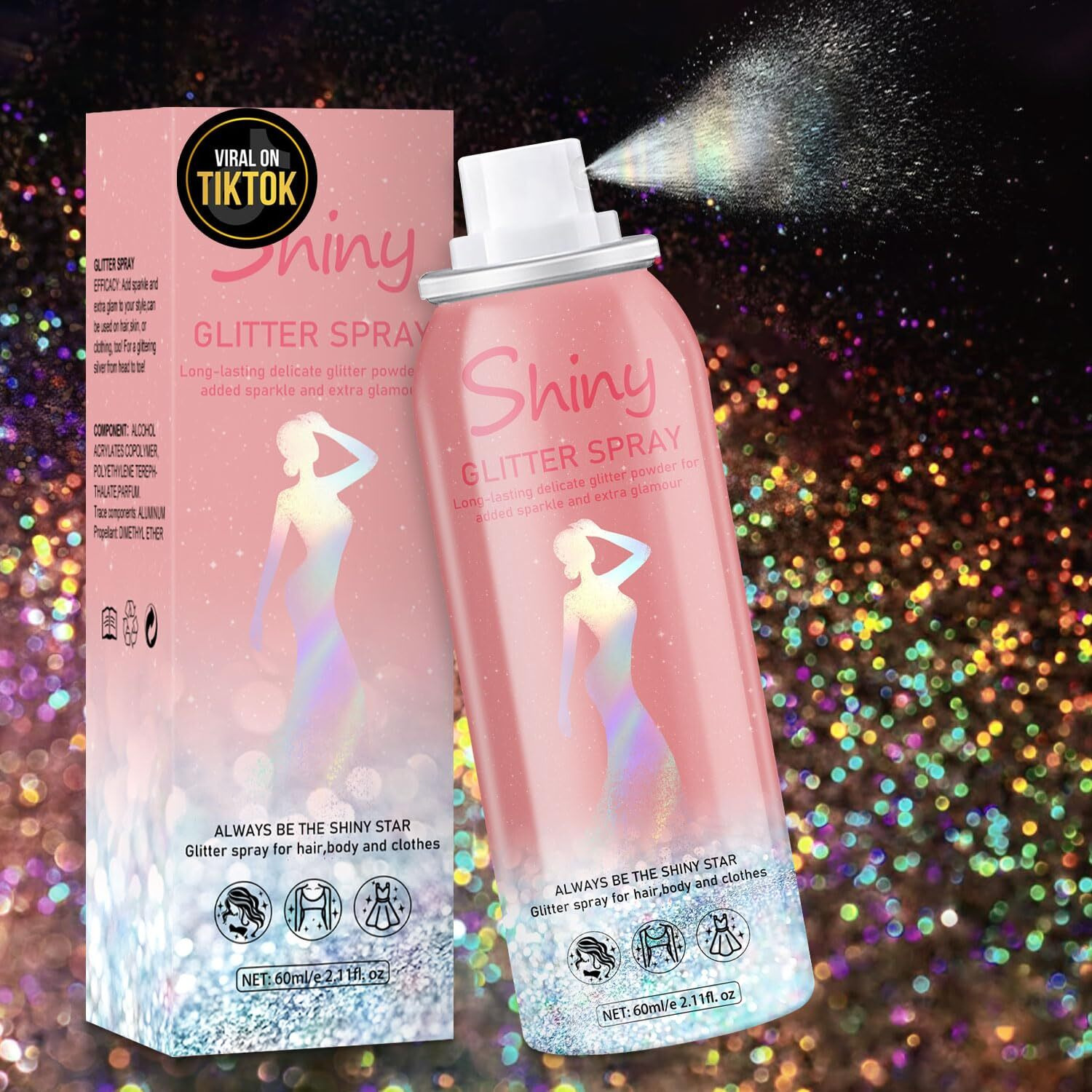 Hair And Body Glitter Spray, Holographic Glitter Highlighter Powder, Hairspray For Clothes, Face Body Shiny Glitter, Loose Shimmer Hairspray Festival Rave Prom Accessories, 2.11 Fl Oz (Rainy-Rainbow)