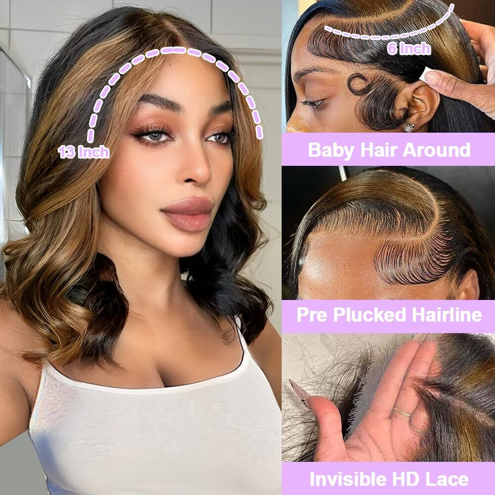 Bob Wig Human Hair Highlight Ombre 13X6 Body Wave Hd Lace Frontal Wigs Human Hair 1B/30 Glueless Wigs Human Hair Pre Plucked With Baby Hair 200 Density 12A Short Bob Wigs For Black Women 14 Inch