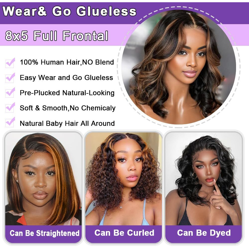 Bob Wig Human Hair Highlight Ombre 13X6 Body Wave Hd Lace Frontal Wigs Human Hair 1B/30 Glueless Wigs Human Hair Pre Plucked With Baby Hair 200 Density 12A Short Bob Wigs For Black Women 14 Inch