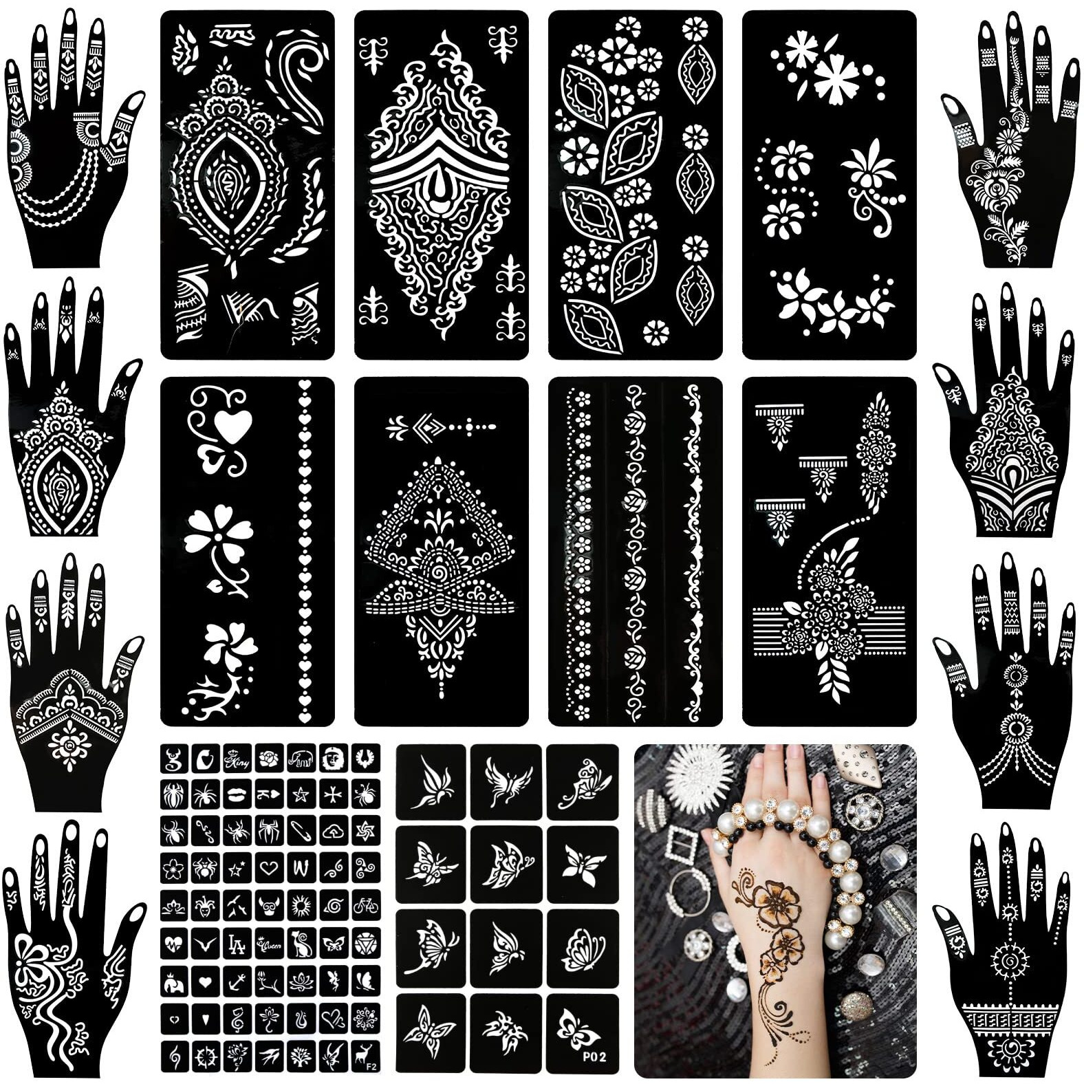 Koogel 18 Sheets Henna Tattoo Stencils, Temporary Flower Patterns Glitter Airbrush Tattoo Kits Arabian Stickers For Women And Girls Face Hand Paint Body Art