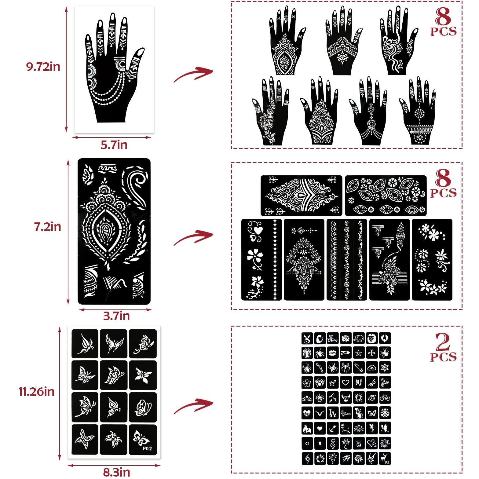 Koogel 18 Sheets Henna Tattoo Stencils, Temporary Flower Patterns Glitter Airbrush Tattoo Kits Arabian Stickers For Women And Girls Face Hand Paint Body Art