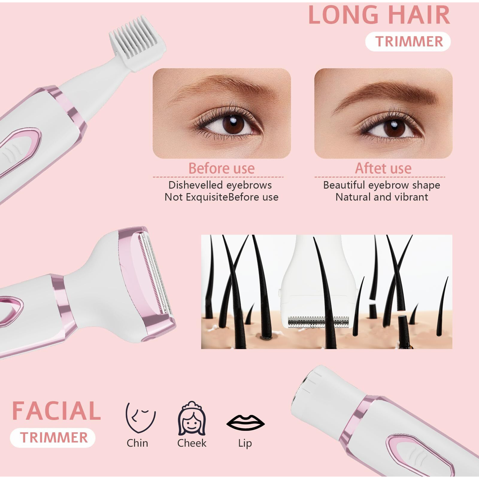 Electric Razors Shaver For Women Painless 4 In1 Women Shaver Cordless Rechargeable Facial Eyebrow Razors & Nose Hair Trimmer Lips Body Bikini Trimmer For Womens Grooming Kit 3028 White