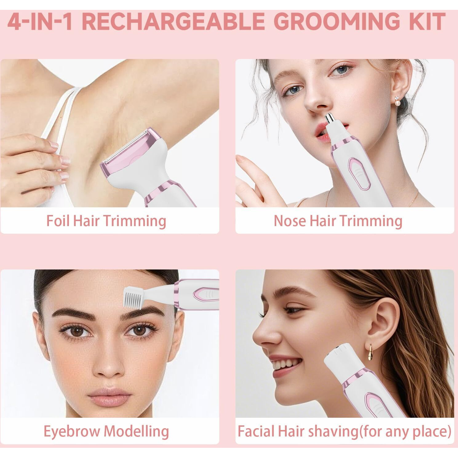 Electric Razors Shaver For Women Painless 4 In1 Women Shaver Cordless Rechargeable Facial Eyebrow Razors & Nose Hair Trimmer Lips Body Bikini Trimmer For Womens Grooming Kit 3028 White