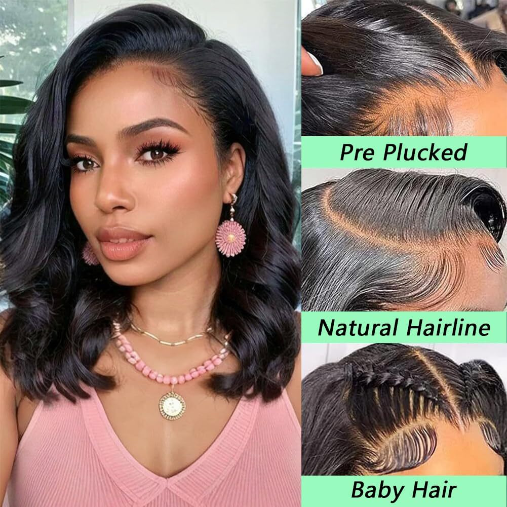 Aolisox 16 Inch Bob Wig Human Hair 13X6 Body Wave Lace Front Wigs Human Hair Pre Plucked 200 Density Hd Lace Frontal Wigs Human Hair For Women Glueless Wigs Human Hair With Baby Hair Natural Black