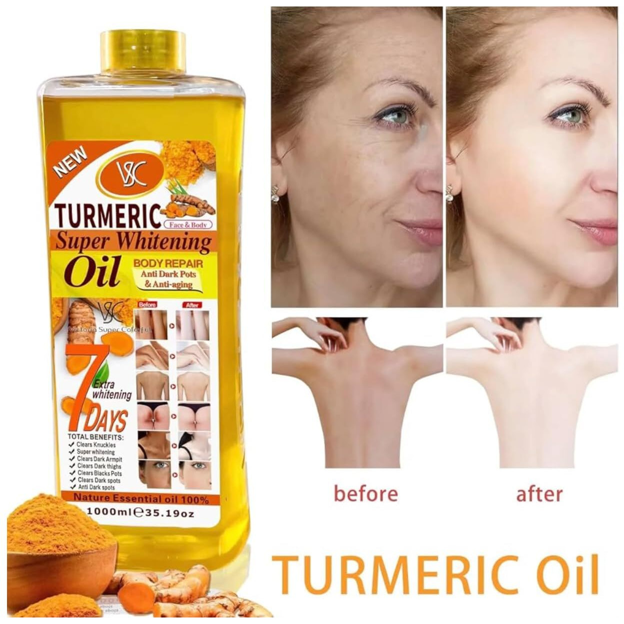 Turmeric Oil Super Whitening Face & Body Moisturizer Nourishing Anti-Aging Correct Spots Wrinkle Skincare Essential Oil 1000Ml/35.19