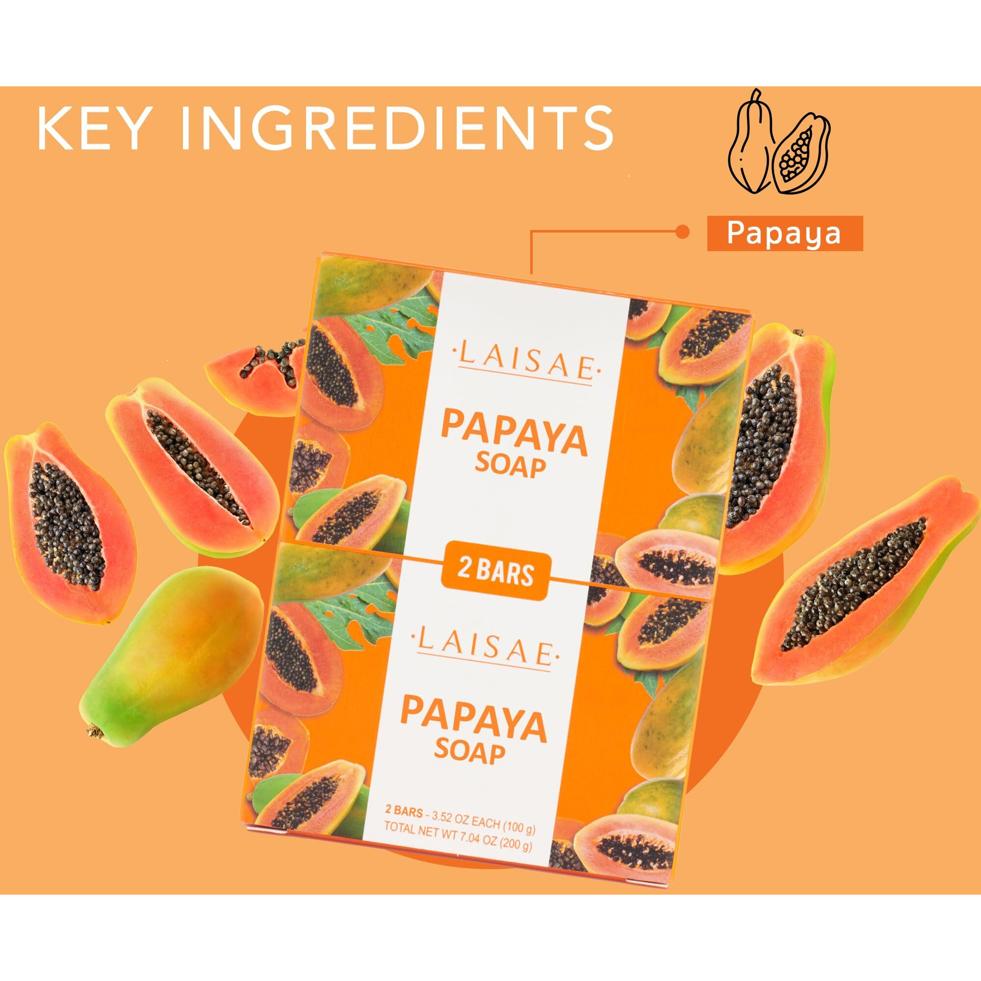 Laisae Papaya Exfoliating Soap, Hydrating Face Moisturizer With Niacinamide, Shea Butter And Aloe Vera, Even Skin Tone Body Cleansing Bar - Sensitive Skin Soap, Vegan, 3.52 Oz (2 Bars)
