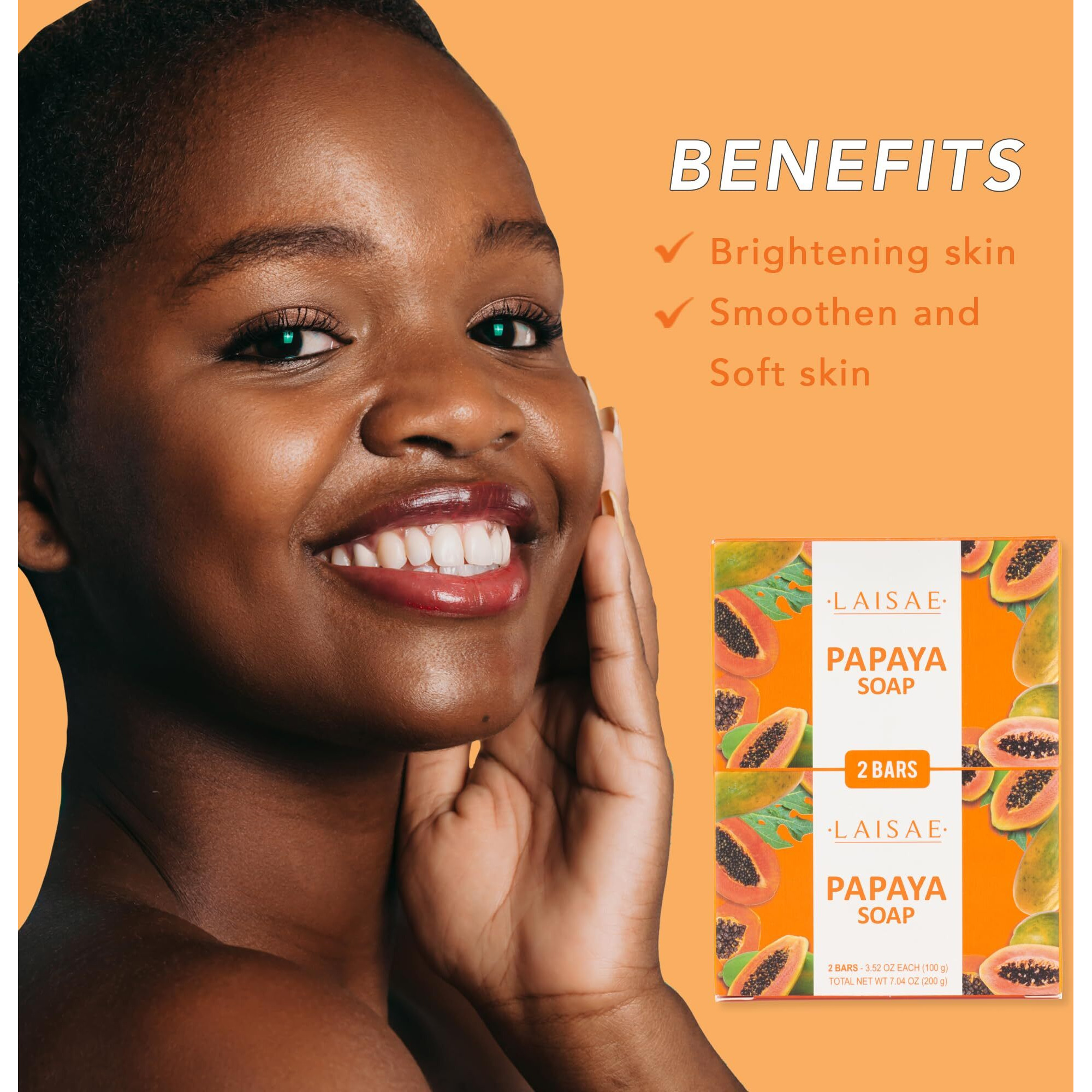 Laisae Papaya Exfoliating Soap, Hydrating Face Moisturizer With Niacinamide, Shea Butter And Aloe Vera, Even Skin Tone Body Cleansing Bar - Sensitive Skin Soap, Vegan, 3.52 Oz (2 Bars)