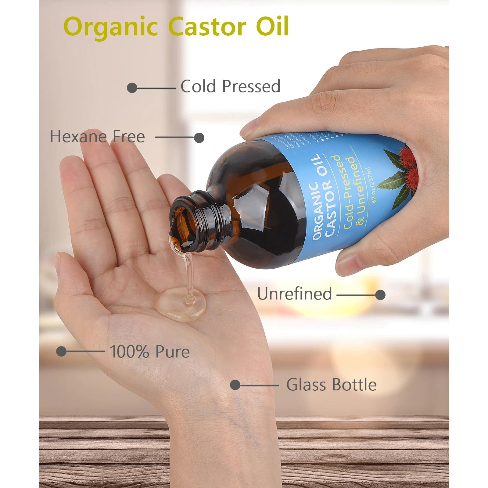 Vrjeugo Castor Oil Organic Cold Pressed Unrefined, Amber Glass Bottle With Castor Oil Pack Wrap And Cotton Flannel Cloth For Body, 8Oz/237Ml