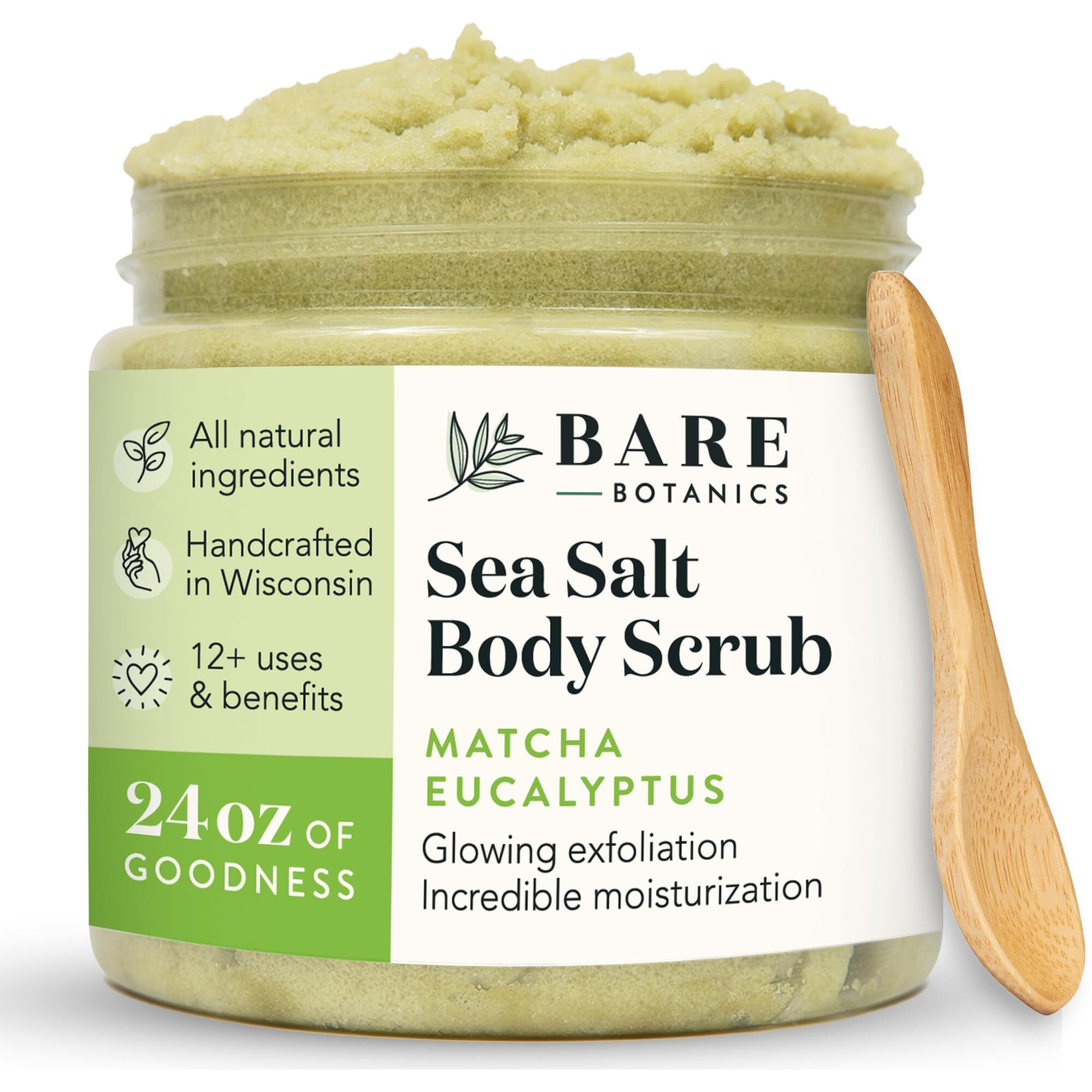 Bare Botanics Matcha Eucalyptus Body Scrub 24 Oz - Naturally Scented Sea Salt Scrub Made In Madison, Wi - Formulated W/Skin Loving Moisturizers - Vegan, Cruelty Free Exfoliator W/A Cute Wooden Spoon