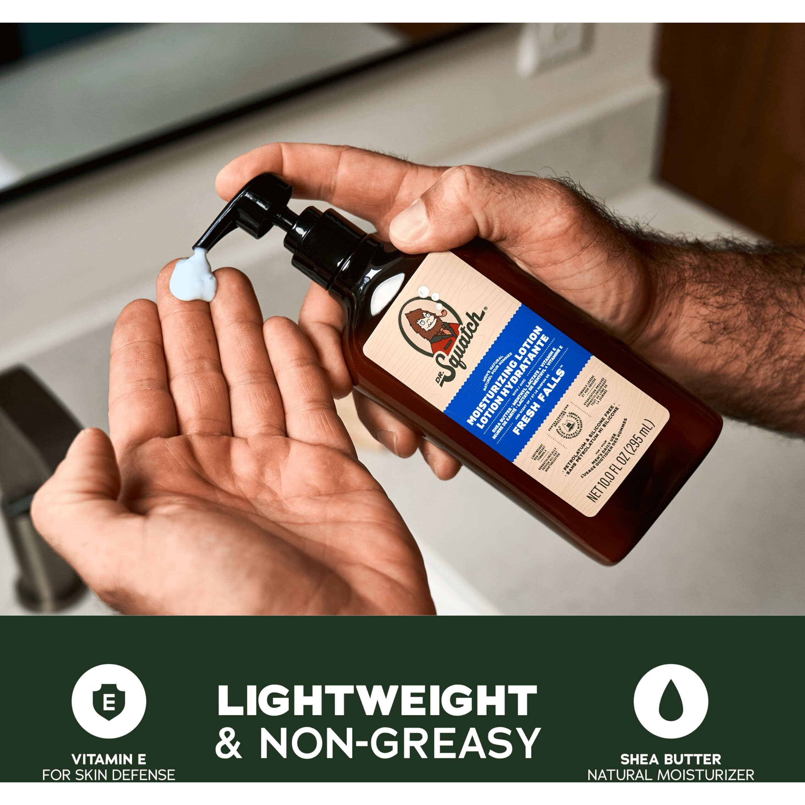 Dr. Squatch Natural Hand And Body Lotion For Men - Made With Shea Butter, Coconut Oil, Vitamin E For 24-Hr Moisturization - Pine Tar, Fresh Falls, Coconut Castaway & Cool Fresh Aloe (10 Fl Oz, 4-Pack)