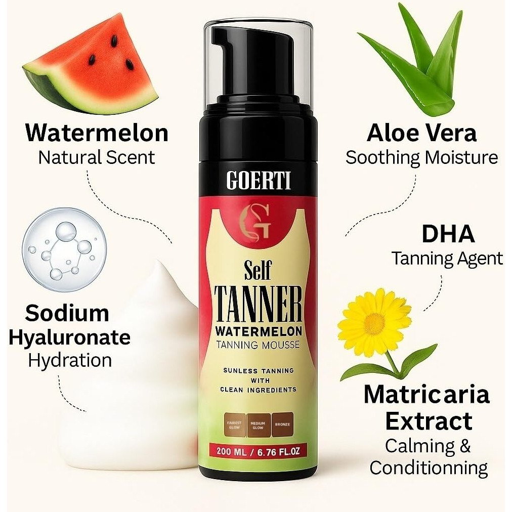 Goerti Self Tanner Watermelon Tanning Mousse - Natural Sunless Bronzing Foam, Streak-Free & Fast-Drying, Hydrating Fake Tan With Mitt For Face & Body - 200Ml