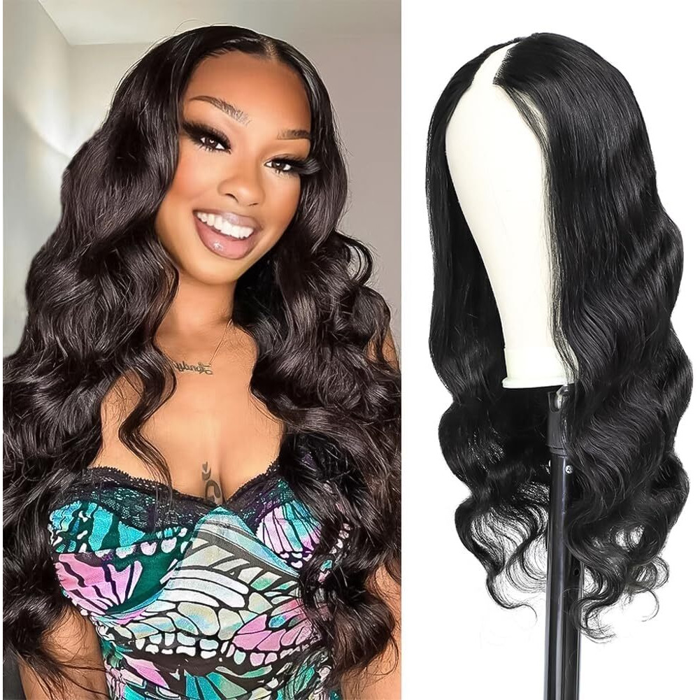 Ragmzze V Part Wig Human Hair Body Wave Upgrade U Part Glueless Wigs Human Hair Pre Plucked Pre Cut For Black Women 180% Density 4X4X1 Inch Middle Net Clip In Half Wig Natural Black 30 Inch