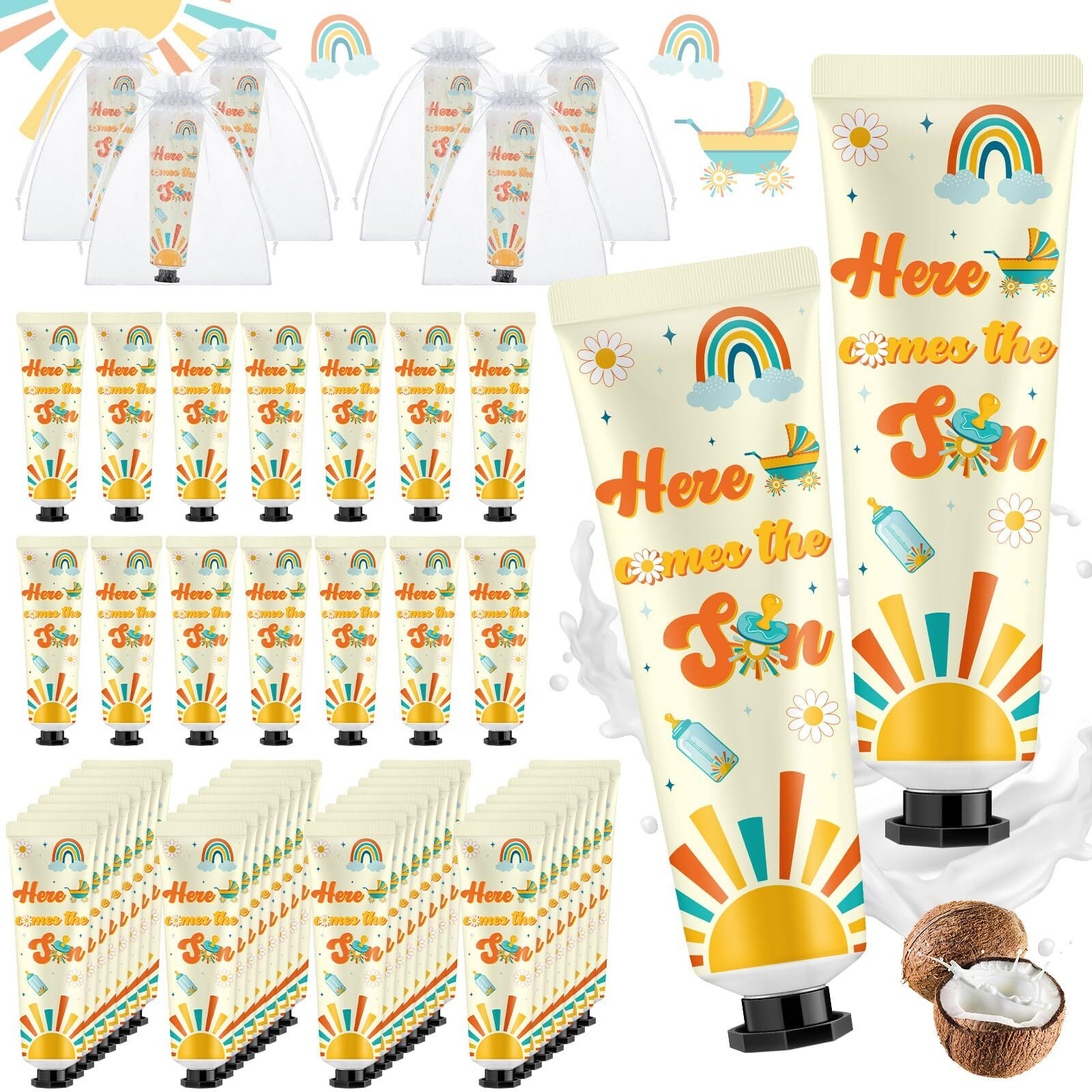 Swiffen 48 Sets Baby Shower Hand Cream Bulk Here Comes The Son Baby Shower Favors Bridal Thank You Hand Cream For Guests Travel Size Lotion With Organza Bags