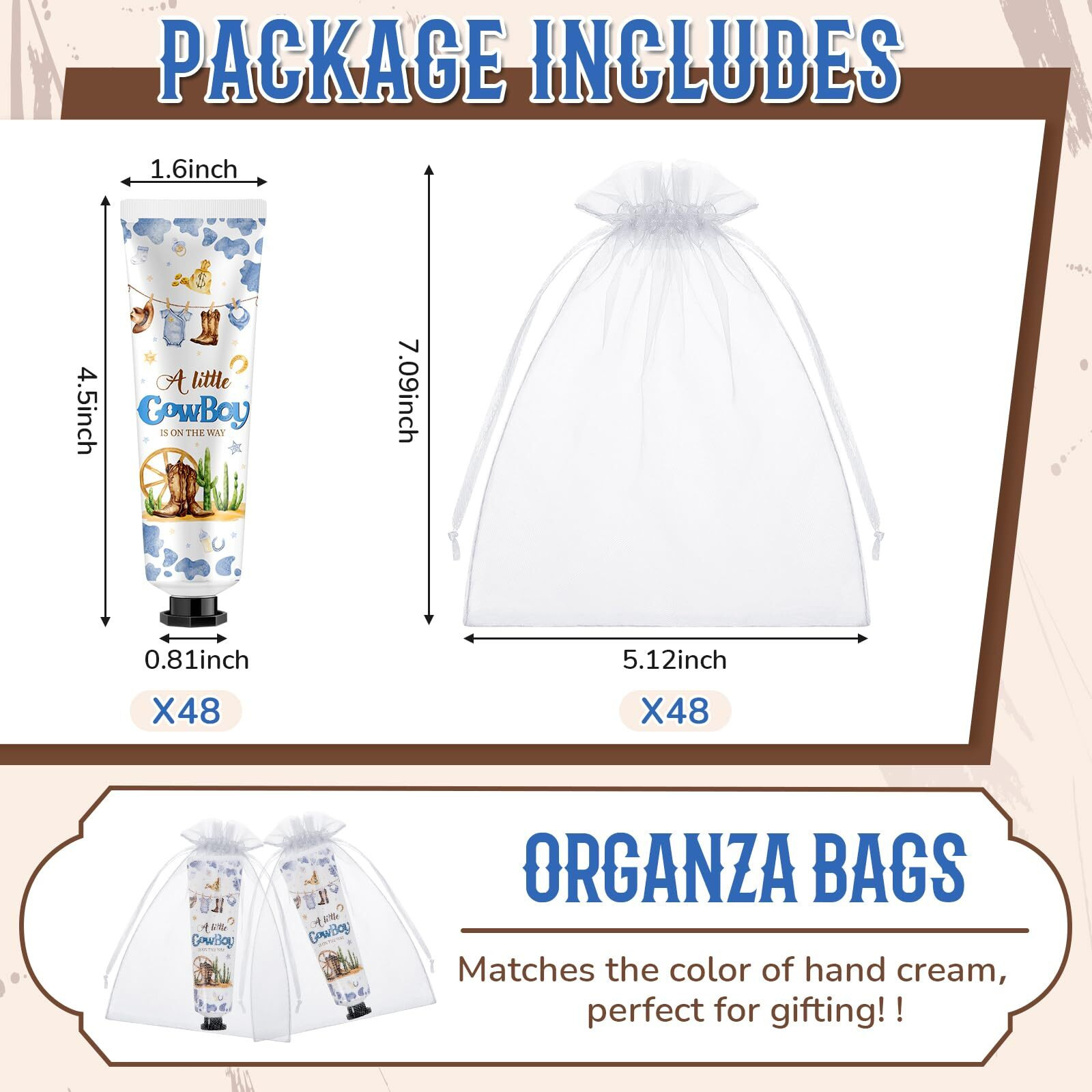 Swiffen 48 Sets Baby Shower Hand Cream Bulk Cowboy Baby Shower Favors Bridal Thank You Hand Cream For Guests Travel Size Lotion With Organza Bags