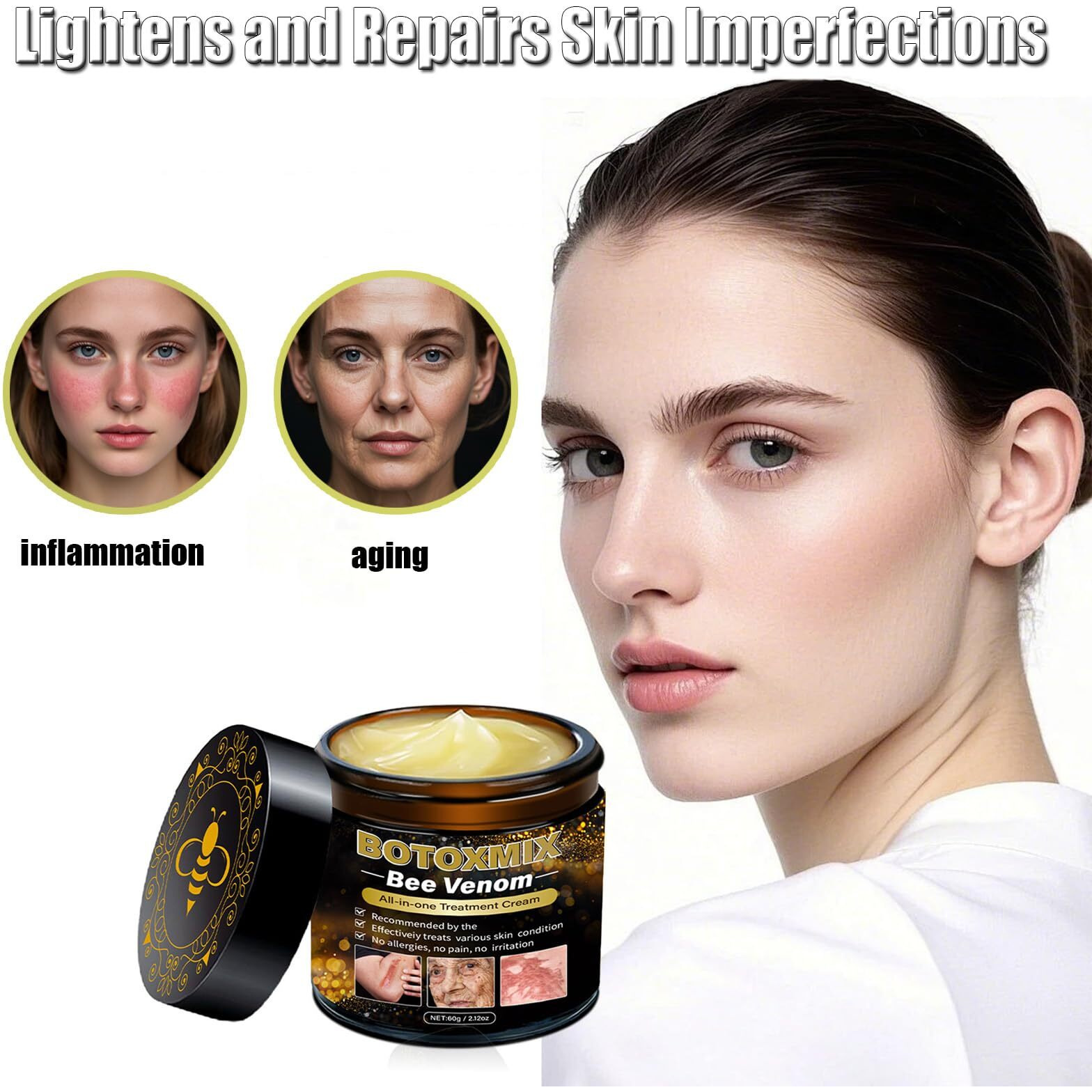 2-Pack Bee Venom Skin Repair Cream,Bee Venom Comprehensive Cream,Multi-Effect Anti-Wrinkle Repair Gel,Reduces Blemishes For Face & Body,Suitable For All Skin Types (2 X 60G)
