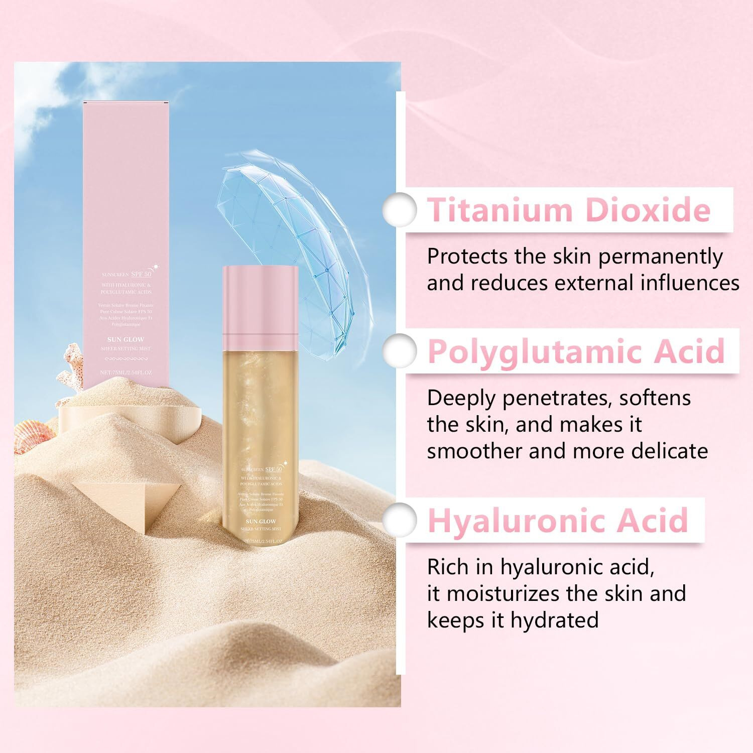2Pcs Sunglaze Sheer Setting Mist Sunscreen Spf 50, Broad Spectrum Water-Resistant Face And Body Spray,Hydrating Makeup-Friendly Glow Spray,Non-Greasy & Fast-Absorbing, That Sets Makeup Flawlessly