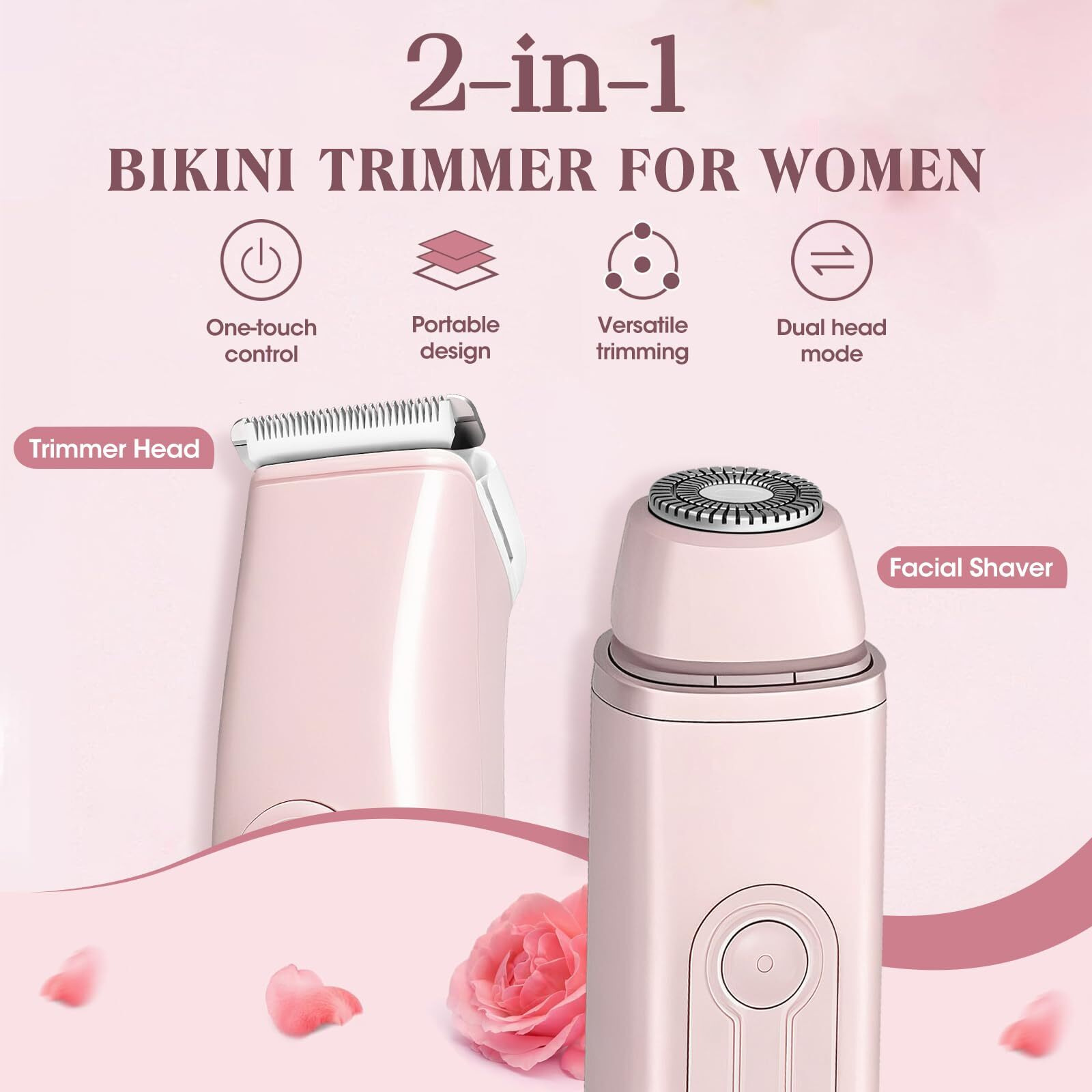 Qreeyx Bikini Trimmer Electric Razors For Women, 2-In-1 Dual-Head Cordless Body Hair Trimmer Facial Hair Removal For Face Lip Chin Pubic Underarm Legs, Ipx6 Waterproof, Gifts For Women