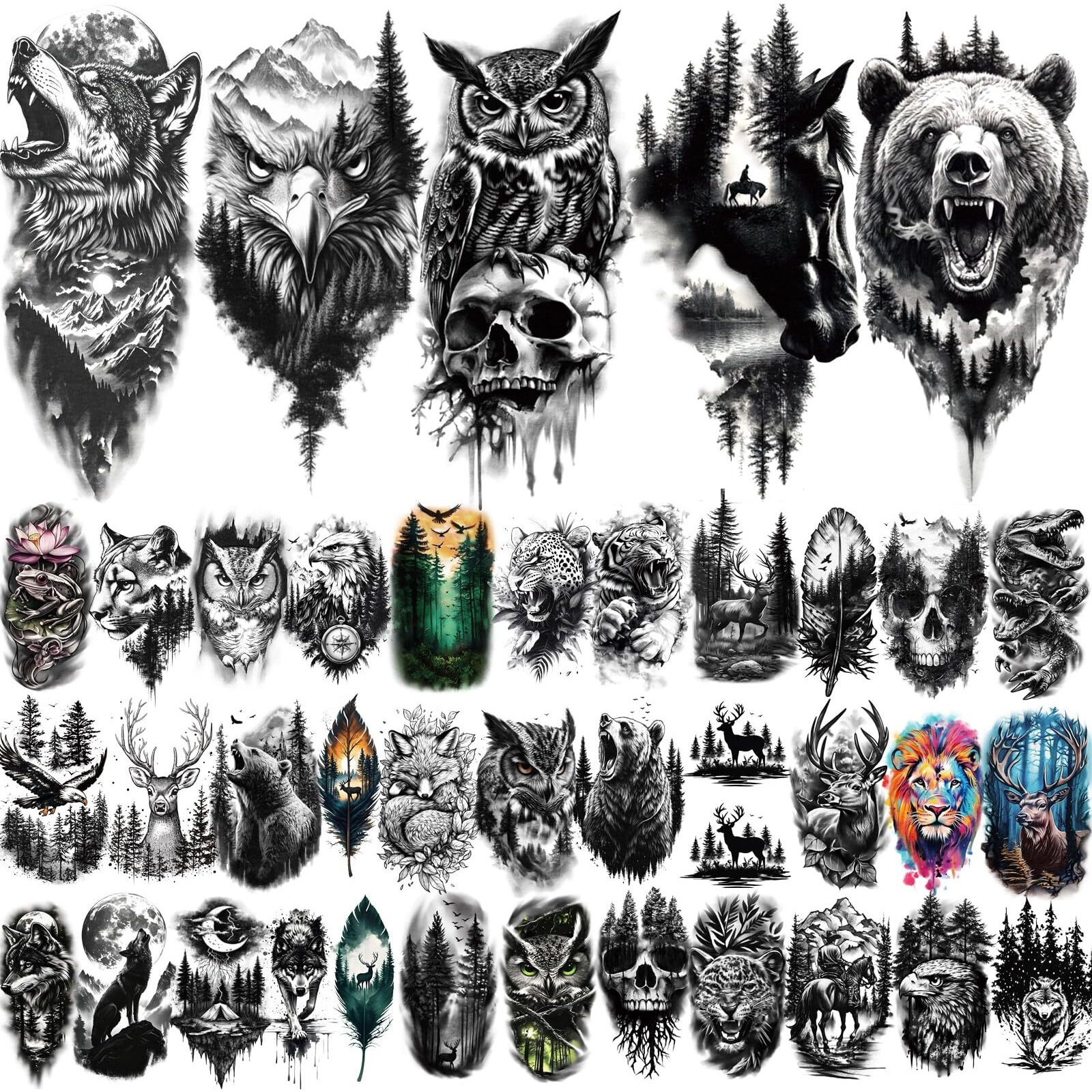 77 Sheets Forest Animals Temporary Tattoo For Women Men, 17 Sheets Half Arm Large Lion Tiger Wolf Fake Tattoos, 60 Sheets Black Skull Owl Bear Tiny For Adult Kids Body Tattoos Stickers Realistic